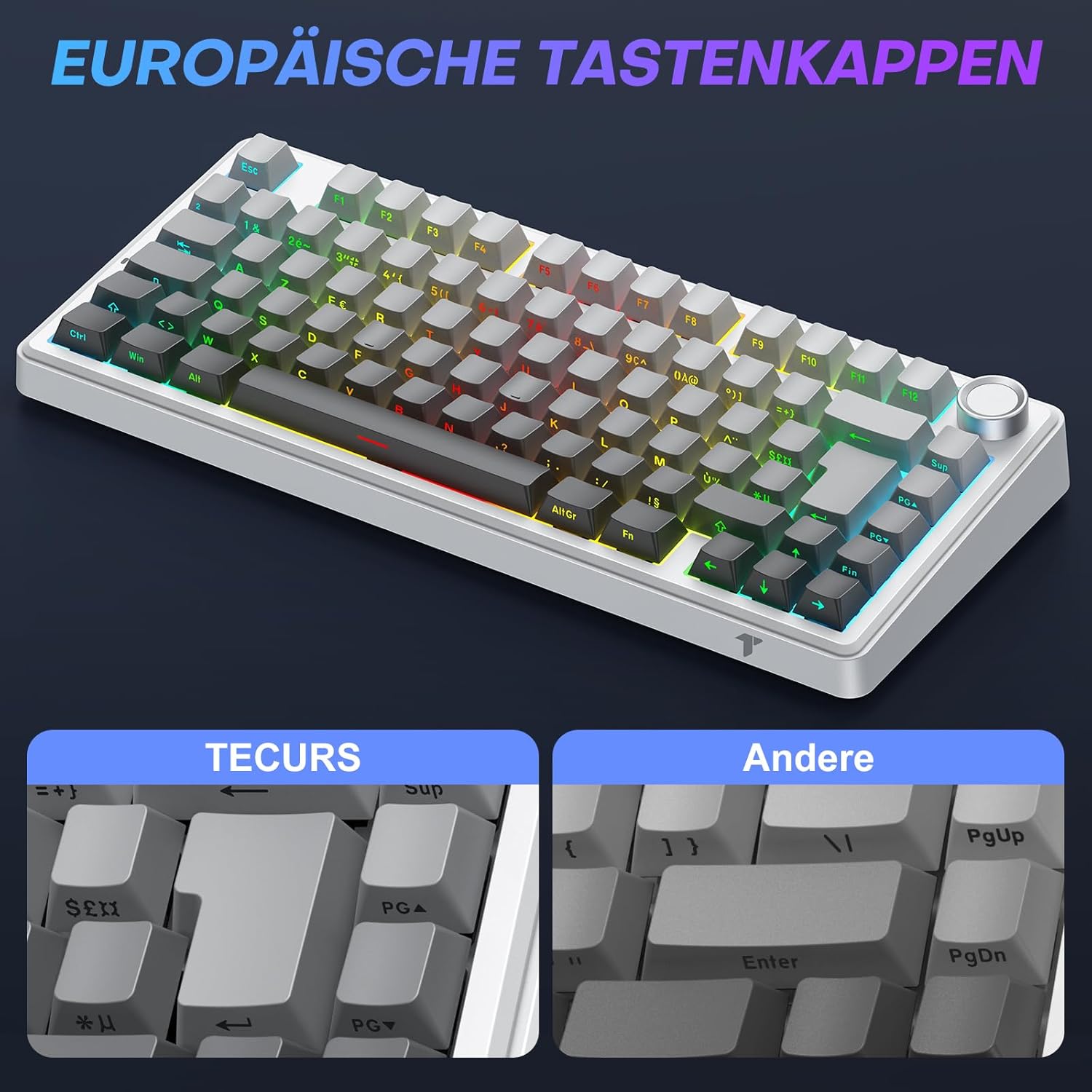 Detalle 2 de TECURS 75% Gaming Tastatur Kabellos mit Hot-Swap, Drehknopf und PBT-Kappen – QWERTZ Gradient Grau