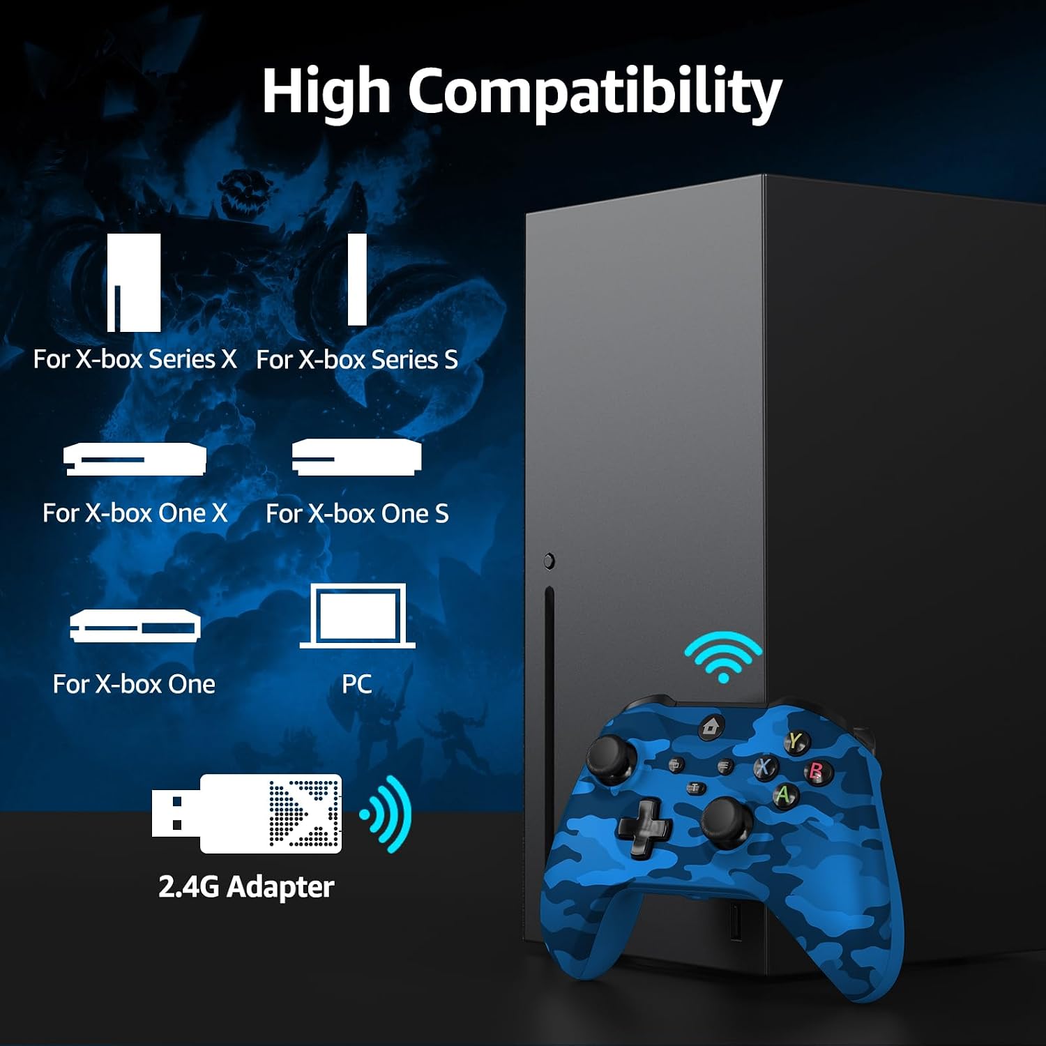 Detalle de GMVOX Wireless Controller, Blue Camo, Hall Effect Controls and 2.4G Adapter