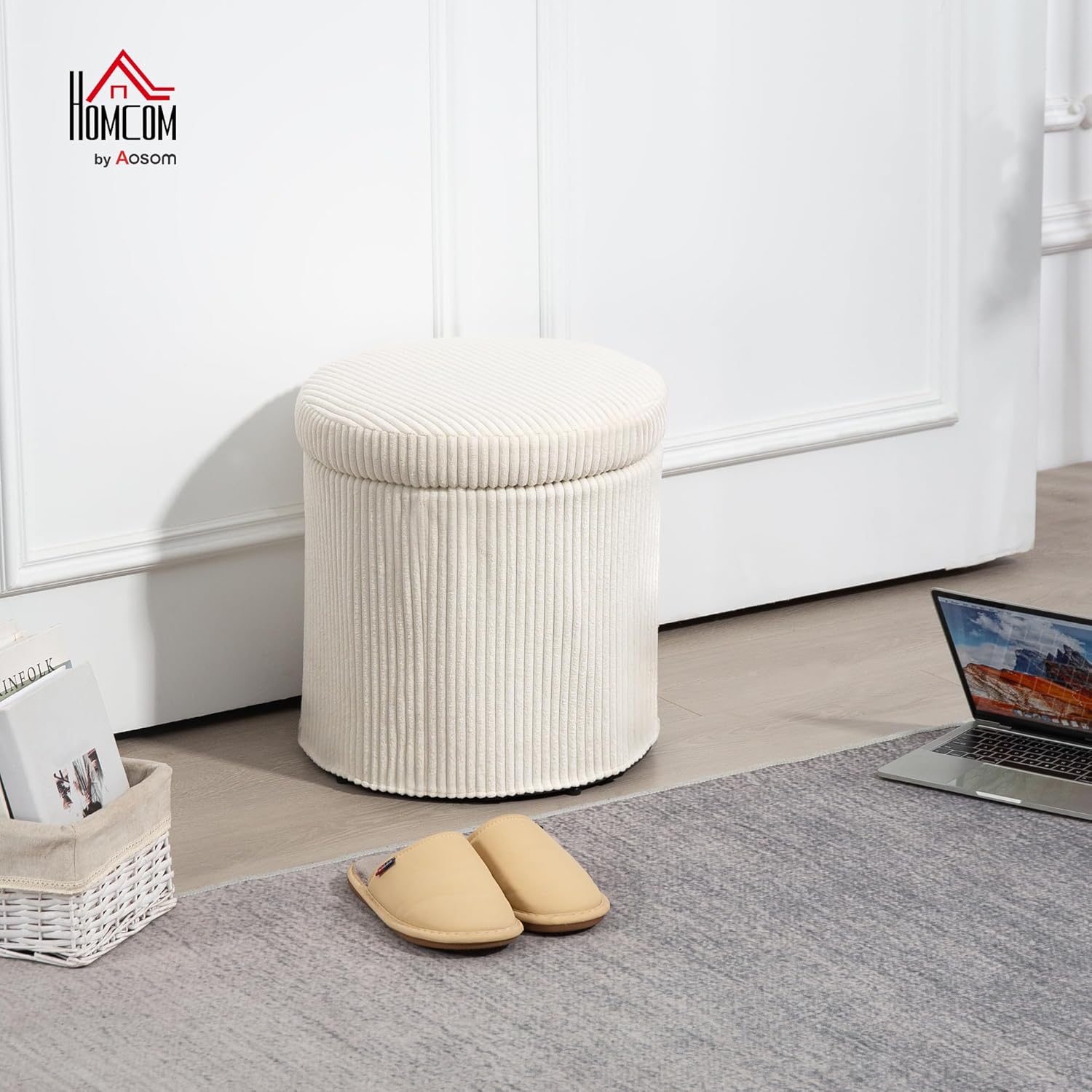 Detalle 2 de HOMCOM Pouf de rangement 32 L en velours côtelé avec couvercle et pieds en acier (jusqu’à 120 kg), beige