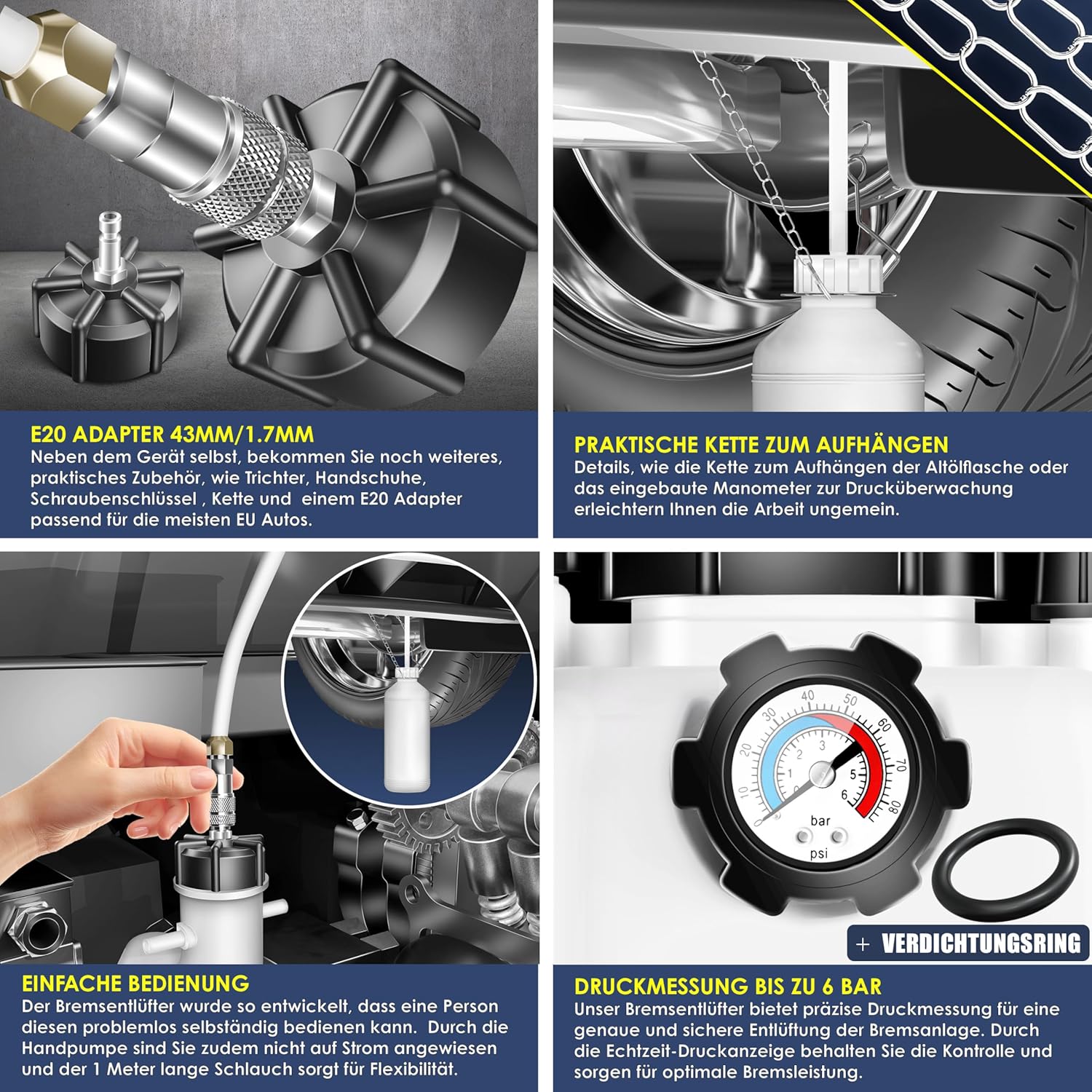 Detalle 2 de MASKO® Bremsenentlüftungsgerät Auto – Bremsflüssigkeits-Wechsel Set mit Handpumpe, 3L + 1L Absaugbehälter, für Scheiben- und Trommelbremsen