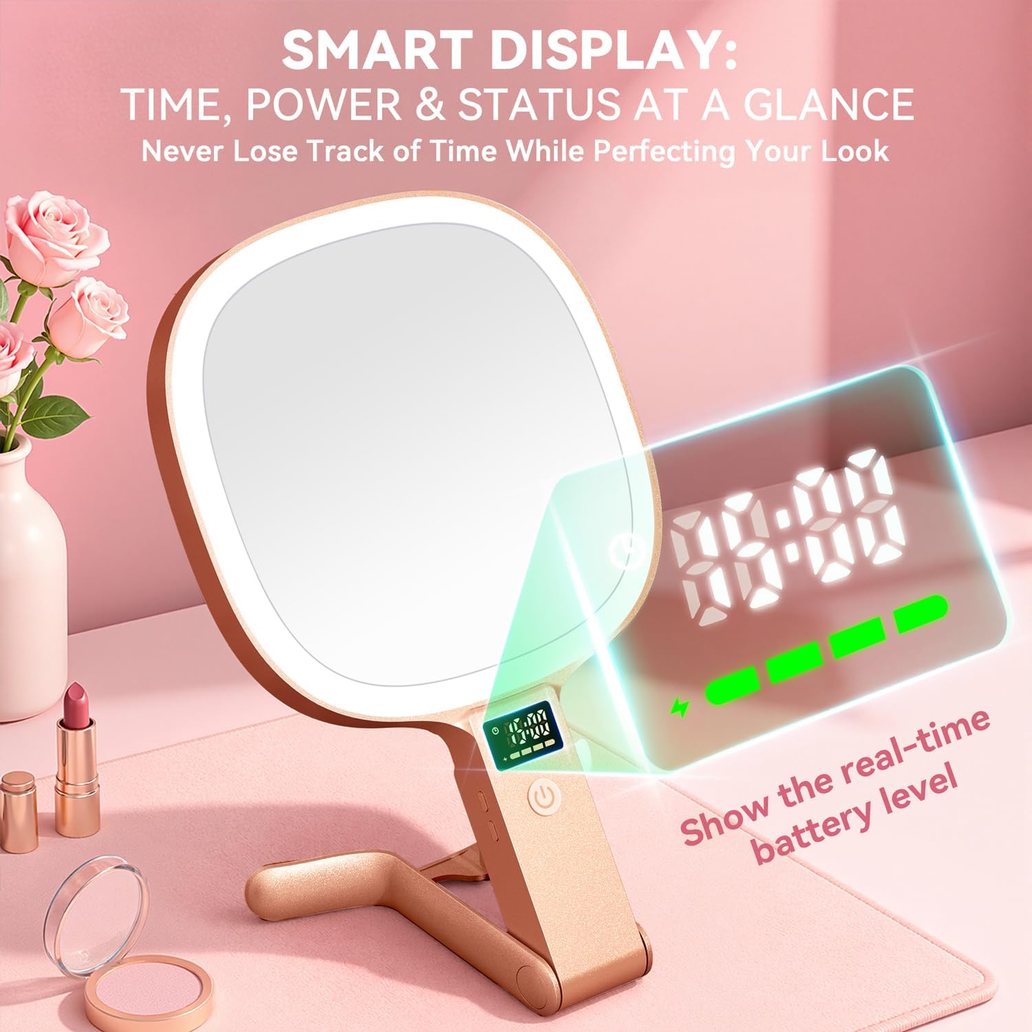 Detalle de Auxmir Kosmetikspiegel mit Beleuchtung LED Display – 30X/1X Vergrößerung, USB-C Aufladung, 3 Lichtmodi, 392,5 g, Rosegold