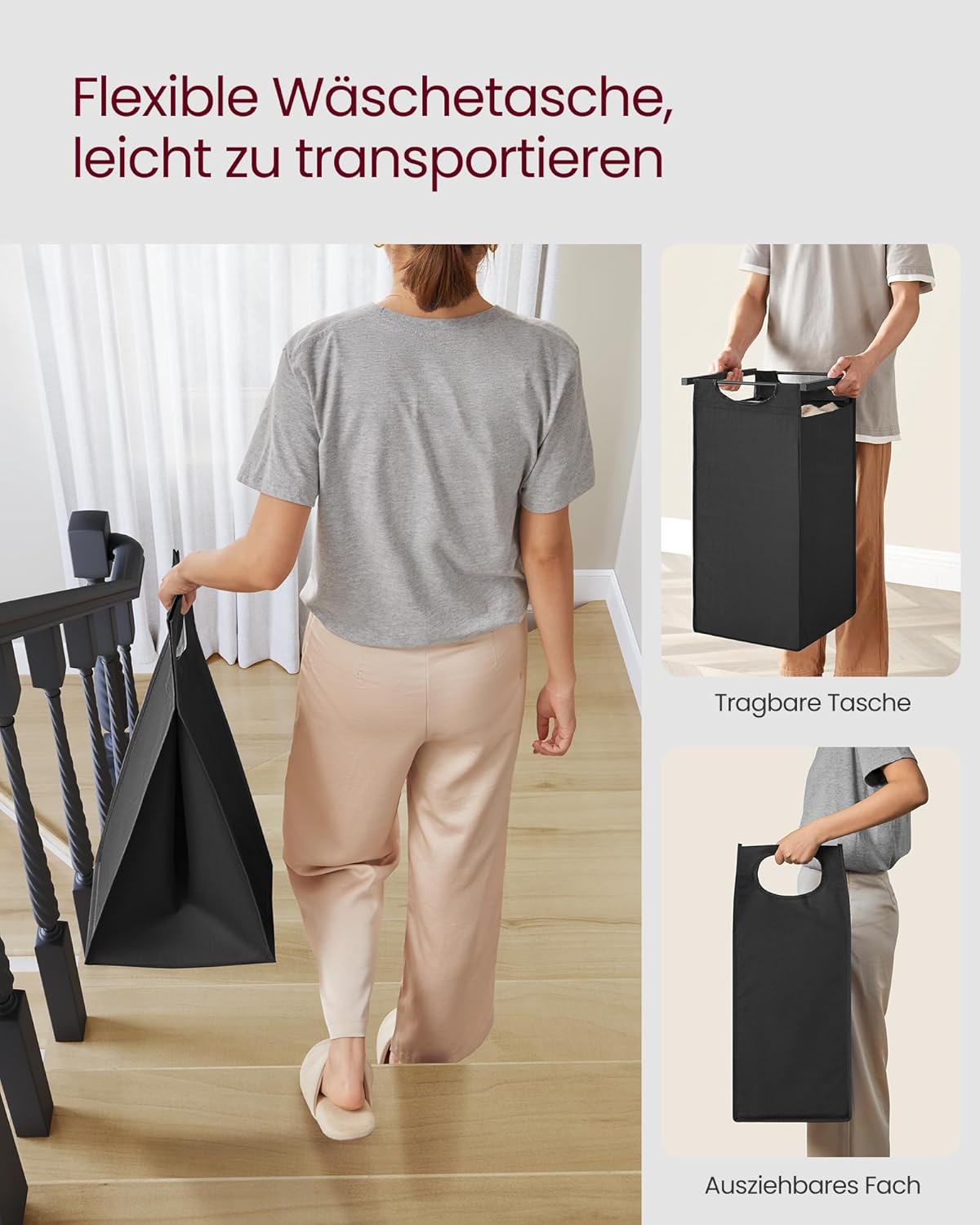 Thumbnail 6 de VASAGLE Wäschekorb BLH301B01 – 3 Fächer, Ablage und herausnehmbarer Wäschesack (120 L Gesamt)