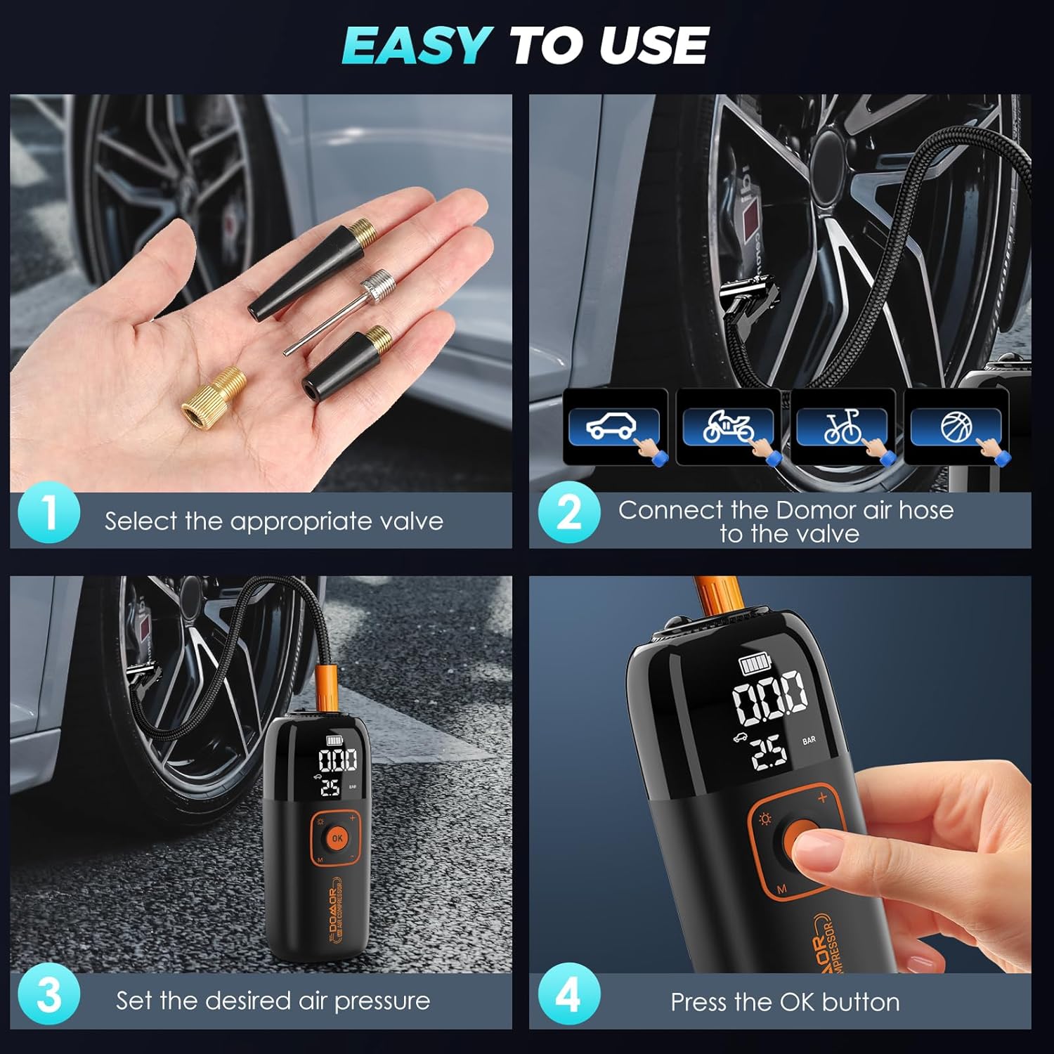 Detalle de DOMOR Cordless Tyre Inflator – 150 PSI portable electric bike pump with LCD gauge