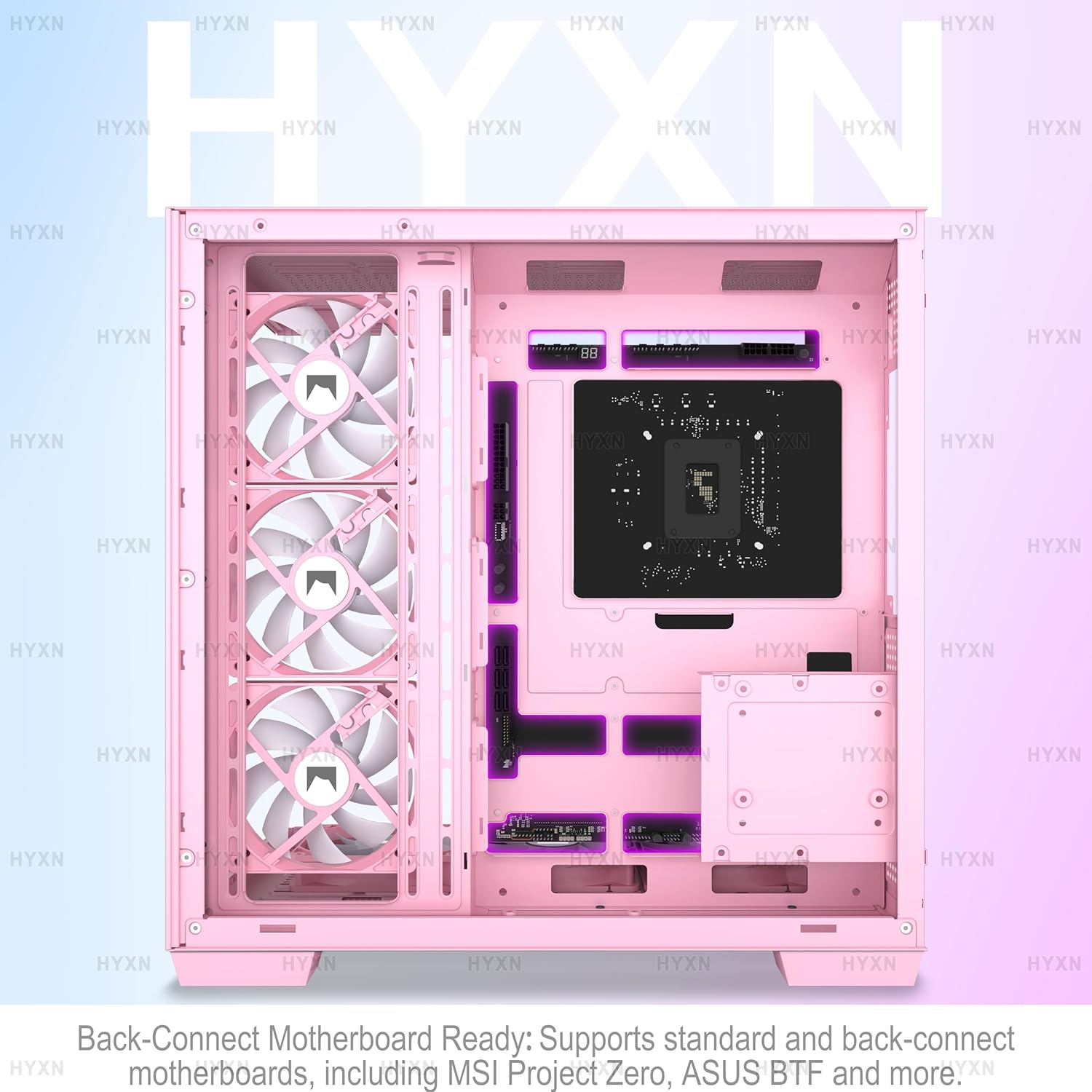 Detalle de HYXN H1 ATX PC-Gehäuse: Vorinstallierte 7 PWM ARGB-Lüfter, Dual-Kammer-Design, Platz für 3x360 mm Radiatoren