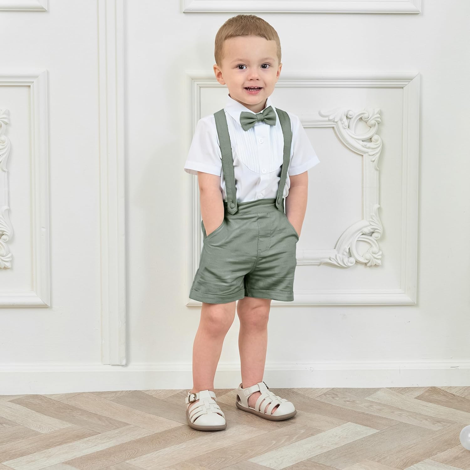 Thumbnail 1 de Volunboy Bambino Pantaloncini con Bretelle: shorts estivi in lino cotone 3 pezzi con papillon, stile casual e formale