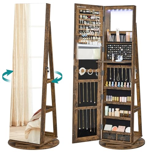 Detalle de SONGMICS Armoire à Bijoux avec Miroir sur Pieds - Verrouillable, 6 LED, Rangement Pivotant 360°, Miroir Psyché sans Cadre, JJC007X01