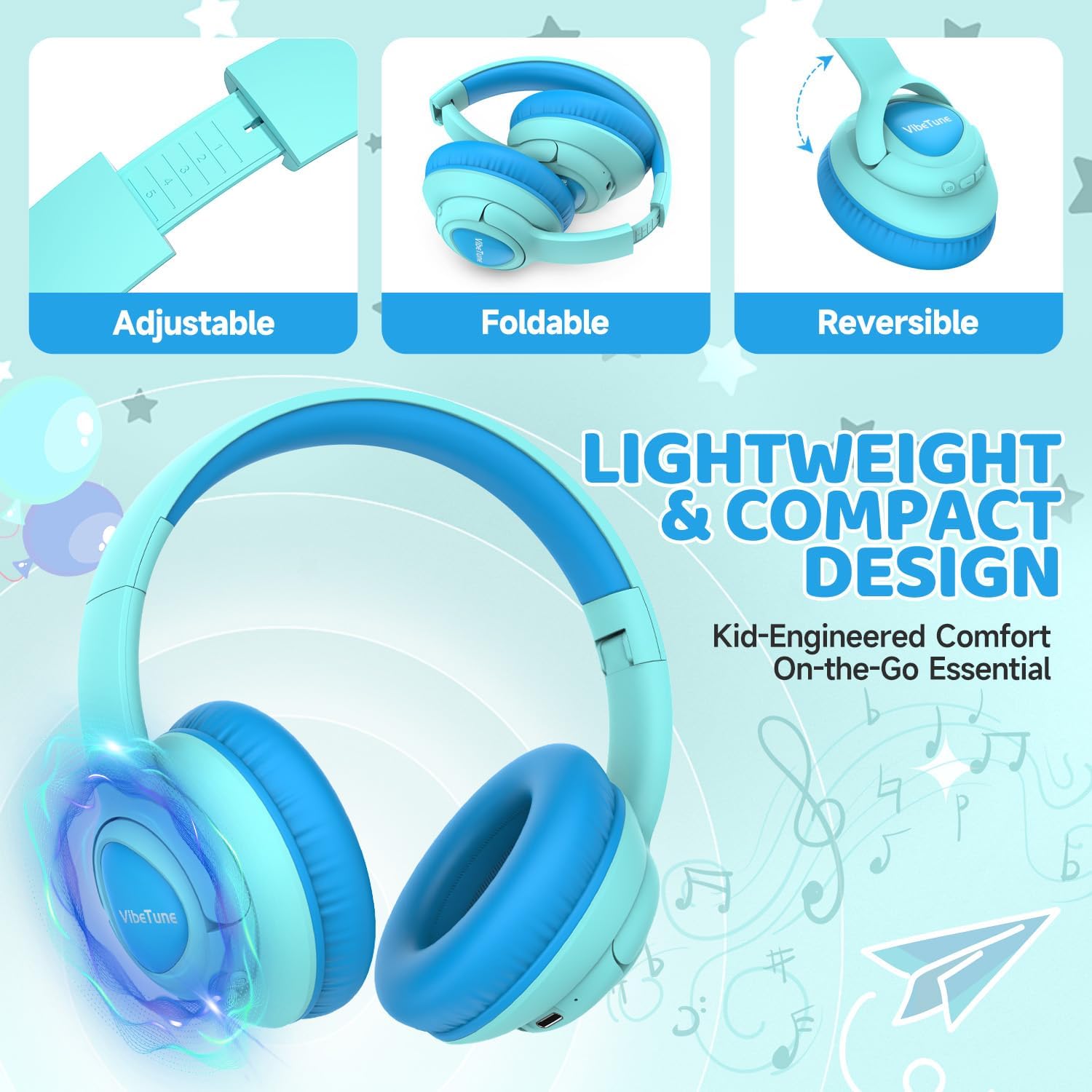 Detalle 2 de VibeTune Kids Bluetooth Headphones, 60H Playtime, Volume Limited 85/94dB, Bluetooth 5.4, Type-C Fast Charging, Foldable Wireless Headphones for Kids, Toddler Headsets with HD Mic (Blue Macaron)
VibeTune Kids Bluetooth Headphones, 60H Playtim…