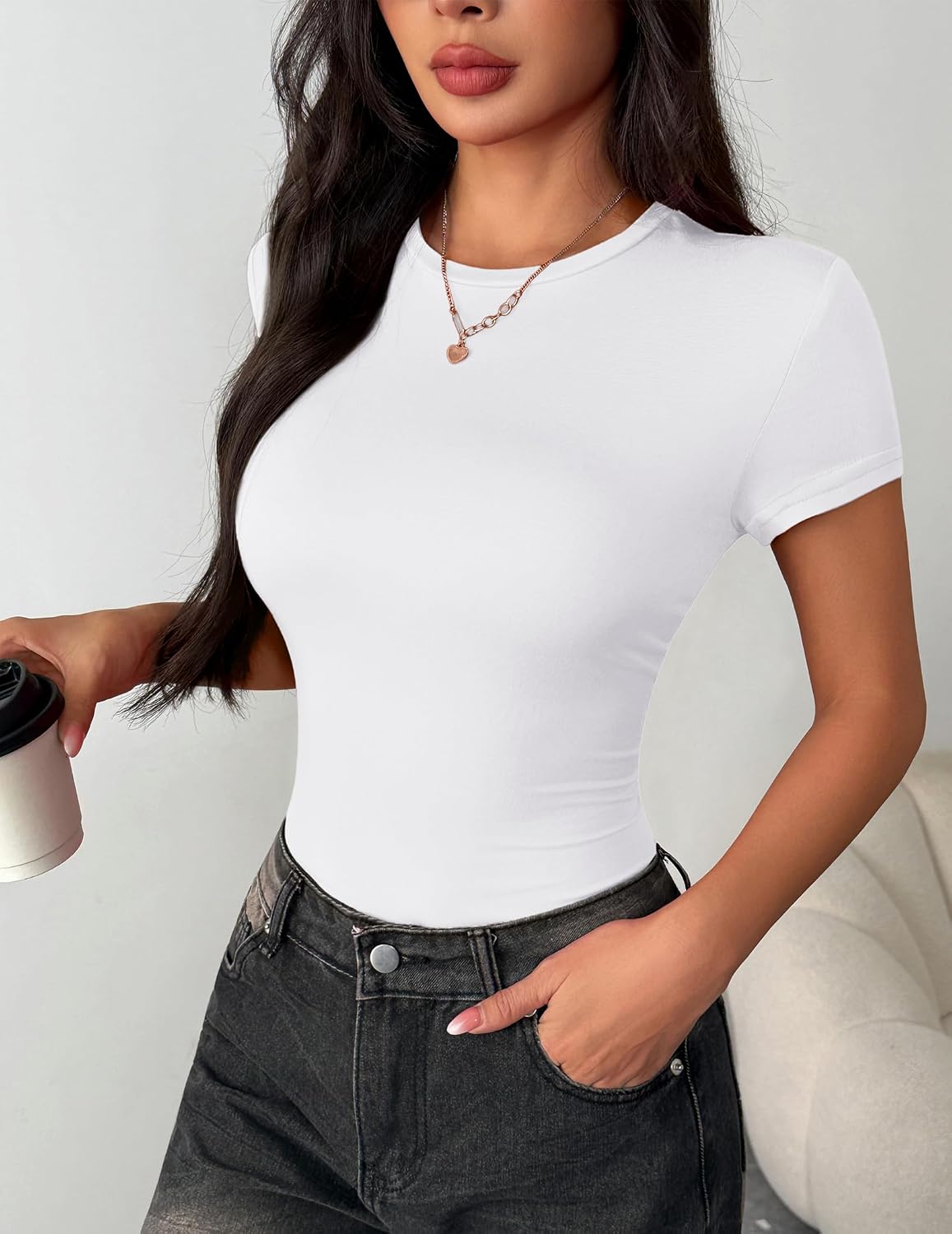 Thumbnail 1 de Zeagoo Maglietta Donna Manica Corta Attillata Girocollo Stretch – Maglietta Basic Tinta Unita, Estiva XS-XL