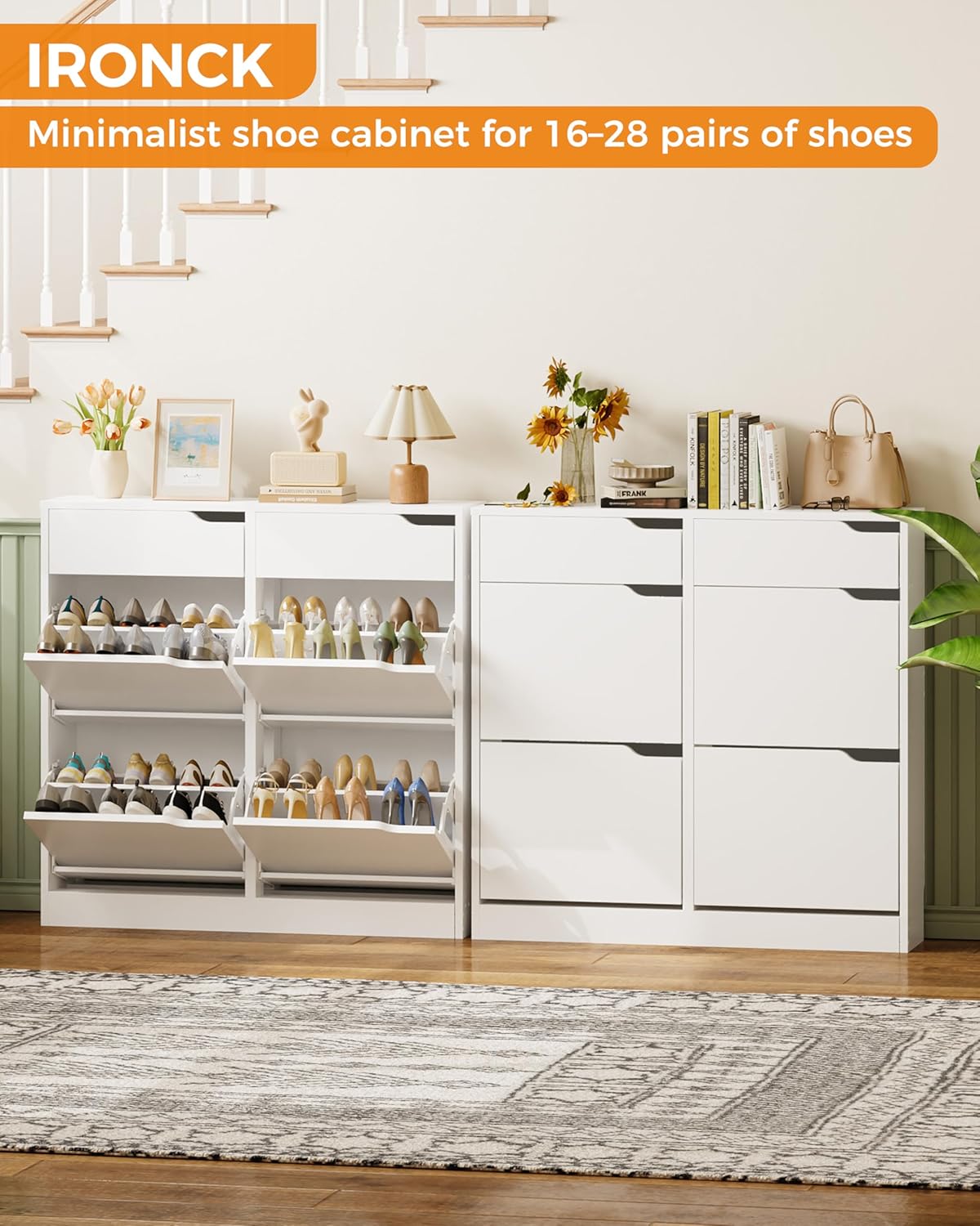 Thumbnail 2 de IRONCK shoe cabinet with 4 flip drawers and 2 drawers (freestanding, white) — slim entryway shoe storage