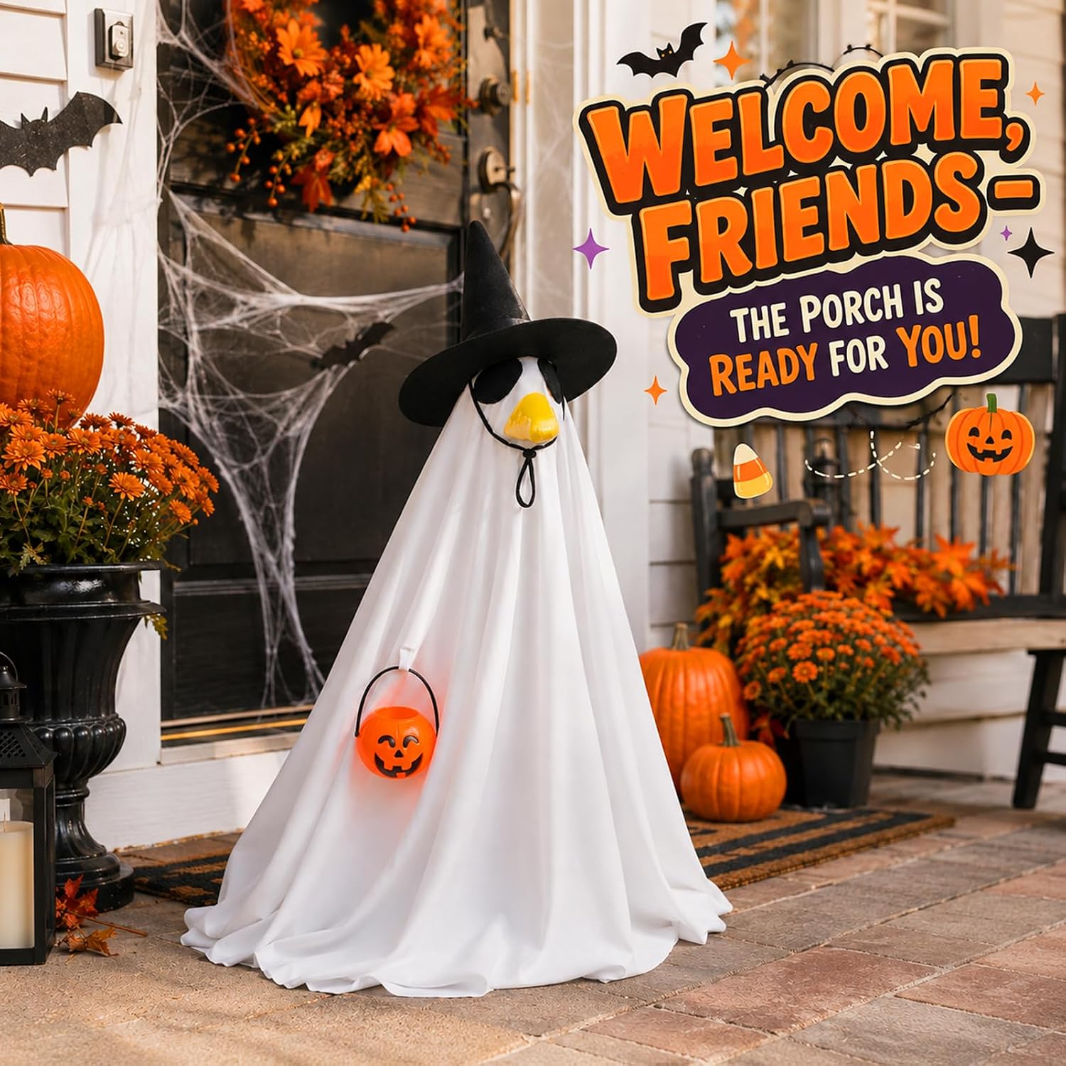 Detalle 1 de Bigwish BW-23efu-gui01 Halloween Porch Goose Outfit with Ghost Cloak and Witch Hat