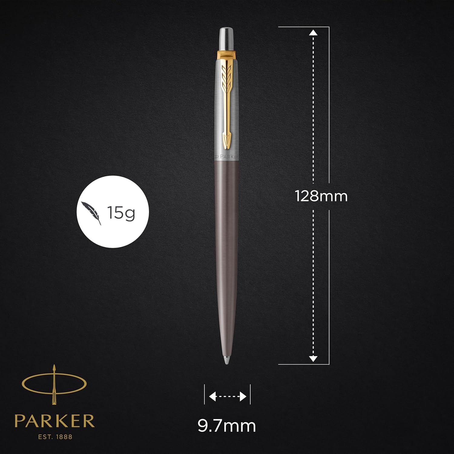 Detalle de Parker Jotter Kugelschreiber grau lackiert mit goldenen Zierteilen (mittlere Spitze) im Nachfüllpack | Geschenkbox