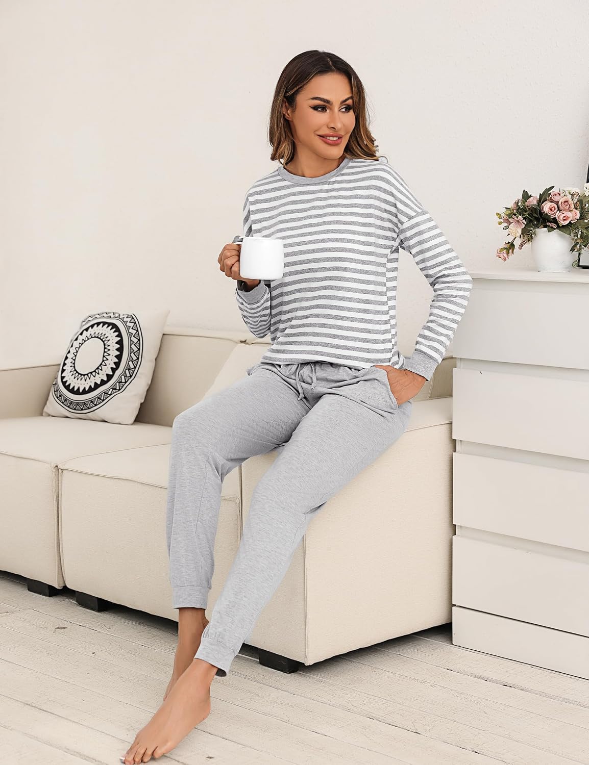Thumbnail 2 de Bresdk Ensemble Pyjama Femme en Coton — Rayé, Doux et Chaud pour l’Hiver