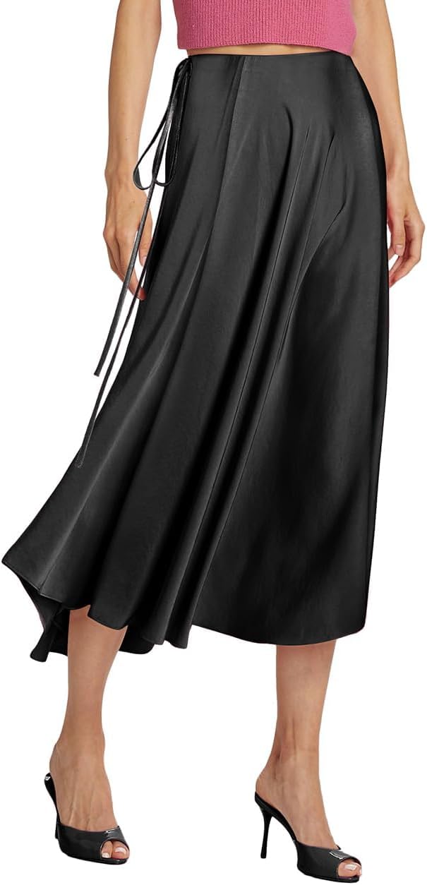 Detalle de MAYFASEY Women's Satin Midi Skirt – High Waist, A-Line with Side Zip