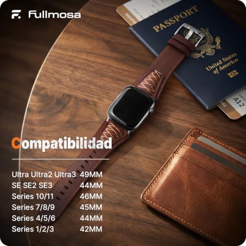 Detalle de Fullmosa Correa de Cuero para Apple Watch Ultra 3/2/1 y Series 11-1 (49mm-42mm) – Marrón con Acabado Plata