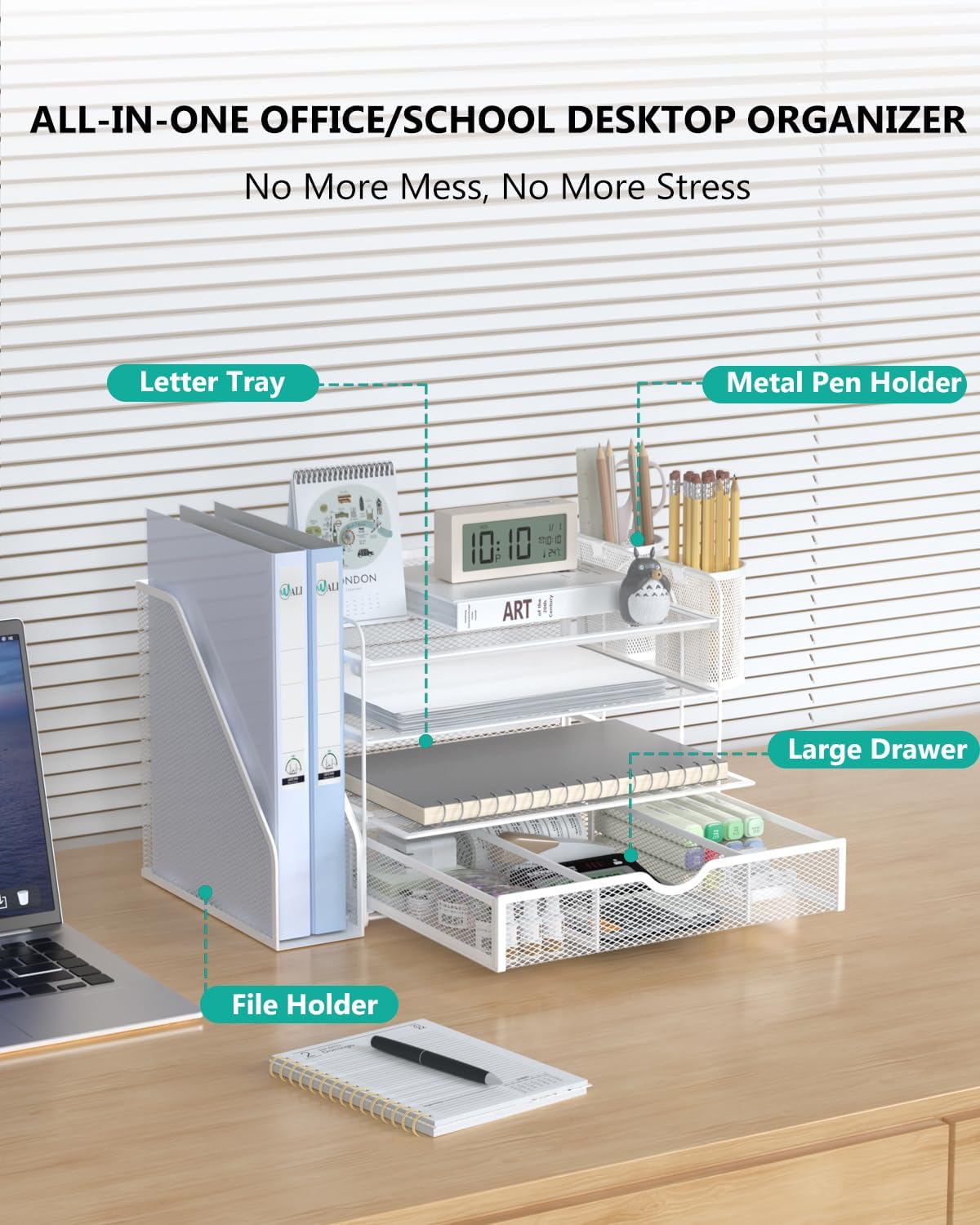 Detalle 2 de WALI DO005DH-W 4-Tier Metal Desk File Organizer with Drawer and Pen Holders