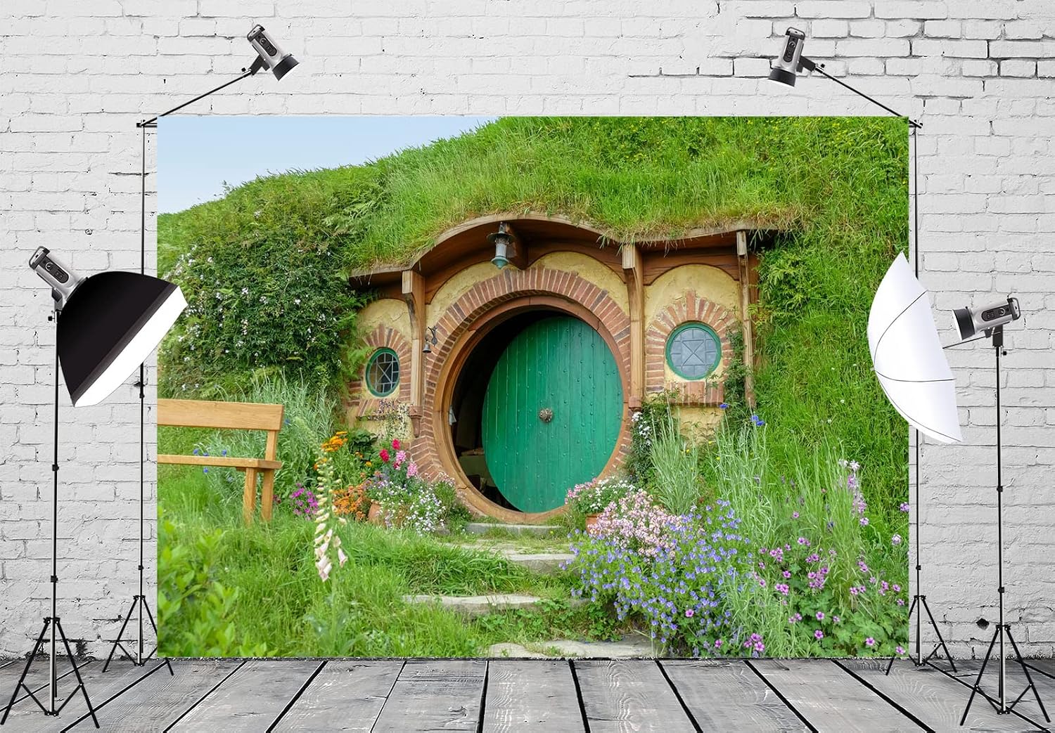 Detalle de BELECO 3x2.5m Fabric Hobbit Cave Photography Backdrop (Polyester, Green Grass Garden)