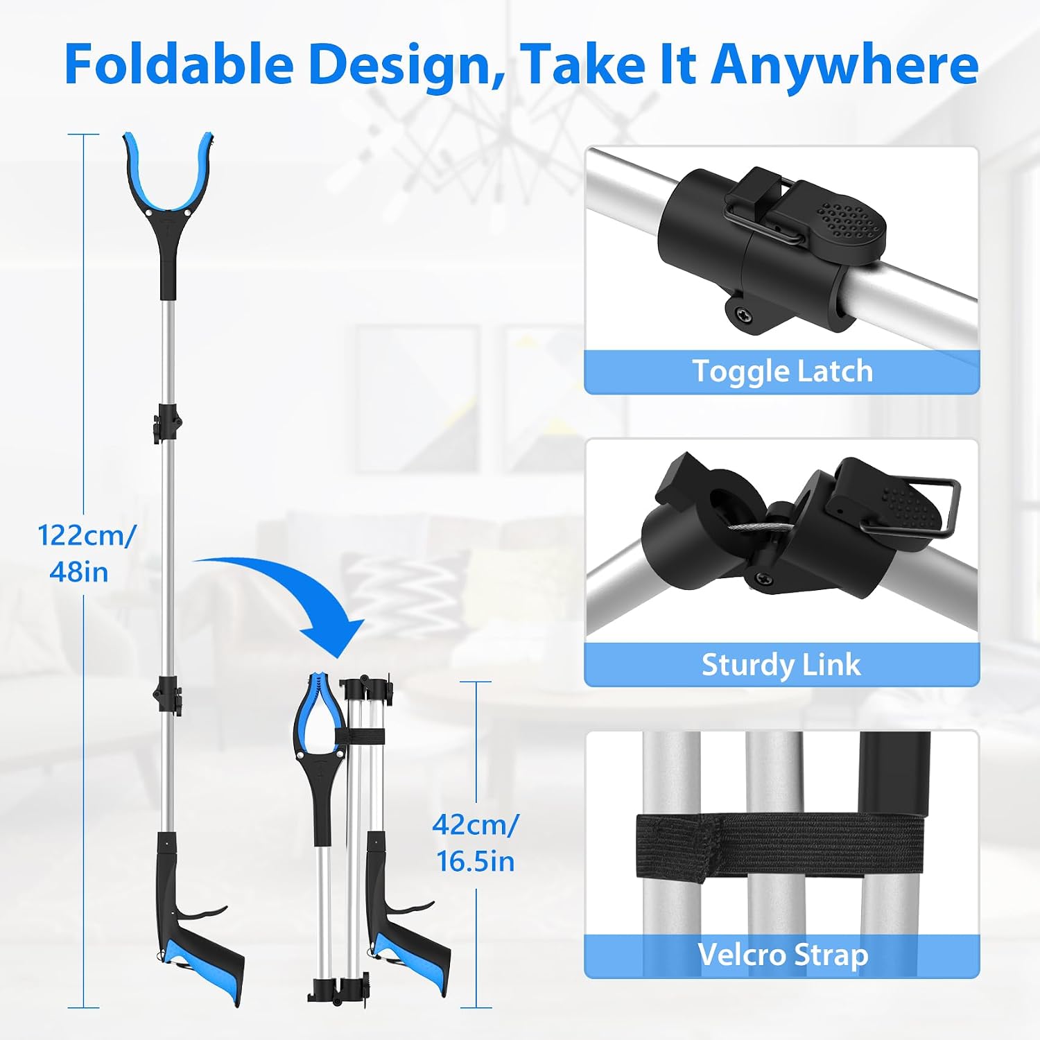 Thumbnail 3 de 48" (122 cm) Long Litter Pickers – Extra Long Grabber Stick with 360° Rotating Head (Blue)