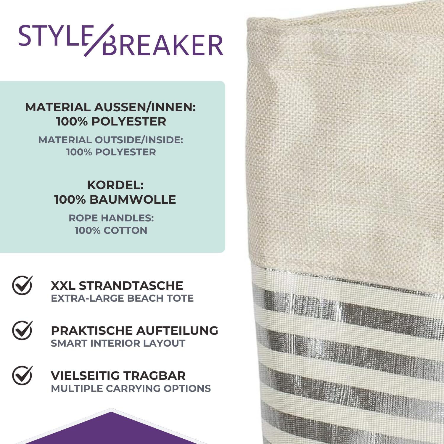 Detalle de styleBREAKER Borsa da spiaggia XXL con stampa a righe metalliche e cerniera – Beige-Oro