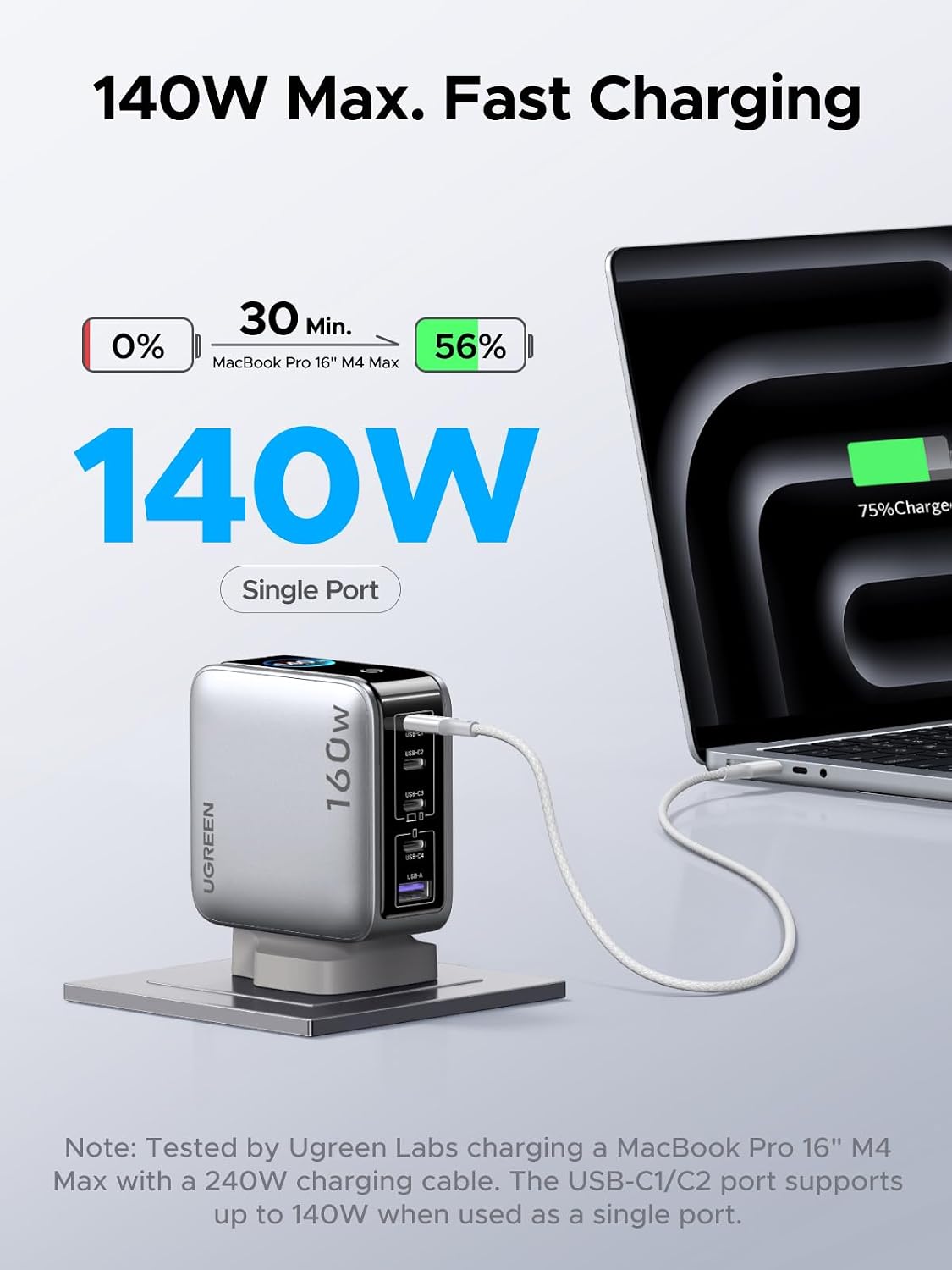 Detalle de UGREEN 160W Nexode Pro 5-Port GaN Fast Charger with Smart Display