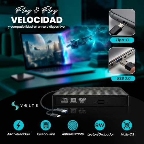 Thumbnail 1 de VOLTE Lector CD/DVD Externo USB 3.0 para PC y portátil