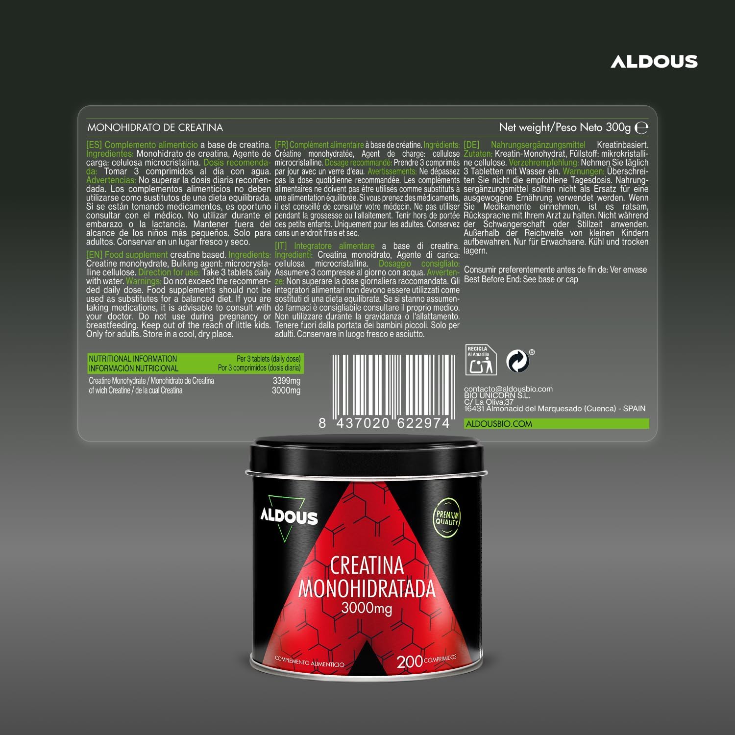 Detalle 2 de Creatina Monohidratada 3000 mg - Aldous Bio, 200 comprimidos