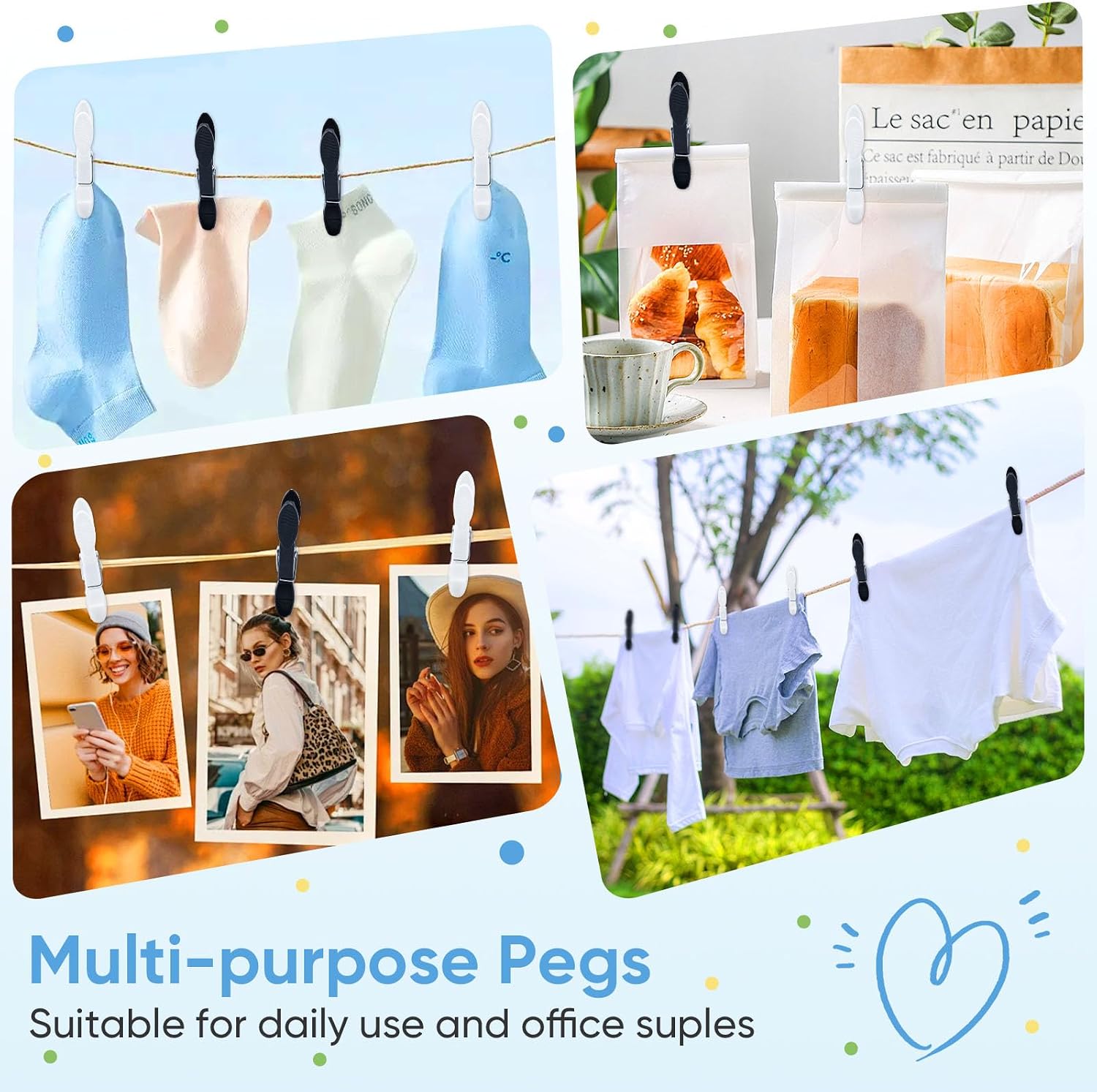 Thumbnail 6 de 60 PCS Clothes Pegs for Washing Line with Bag – Black & White Plastic Laundry Clips with Windproof Design