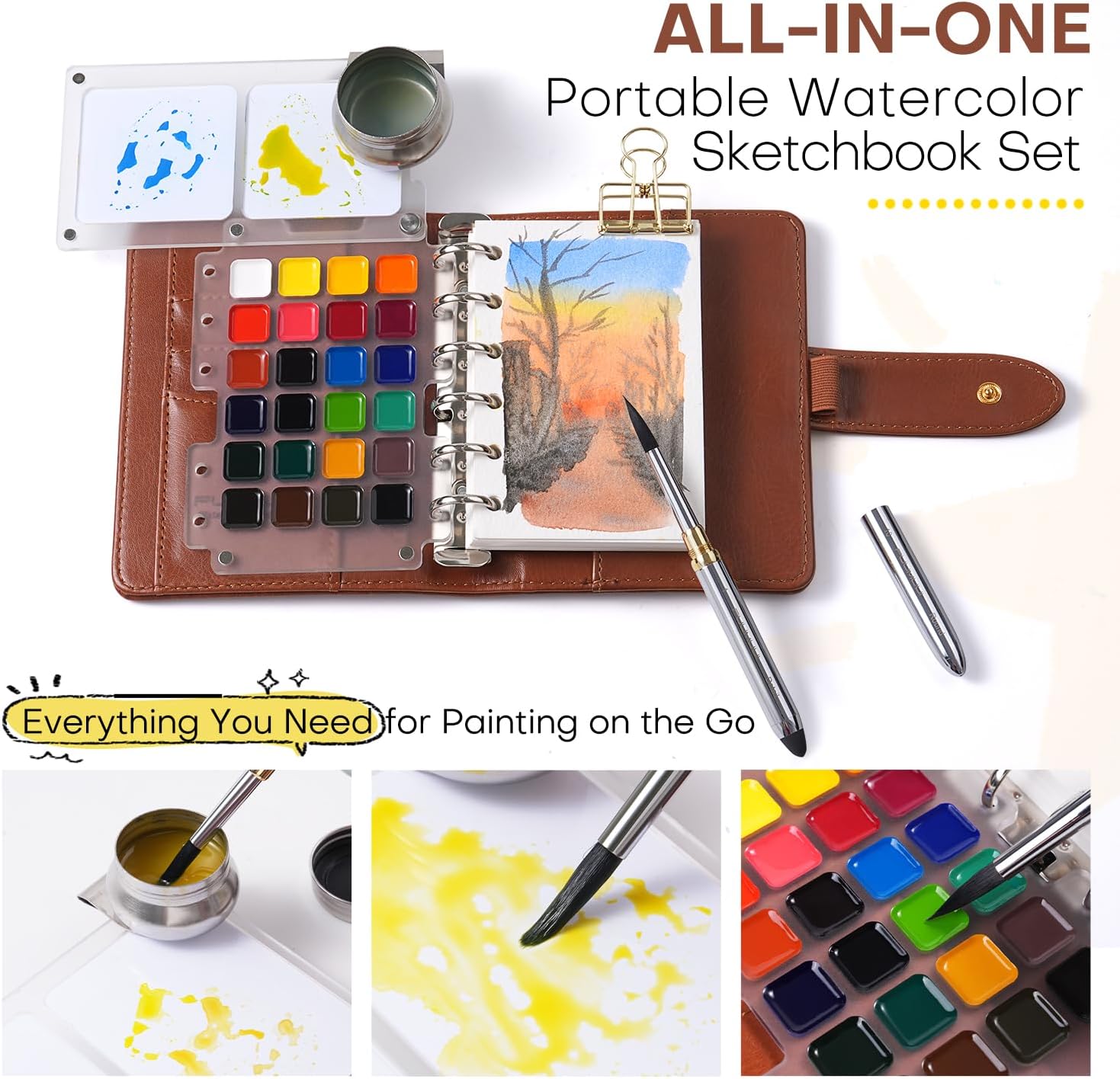 Detalle de Fuumuui Travel Watercolour Paint Set 24 Colours with PU Leather Cover and 20-Sheet Cotton Watercolour Paper
