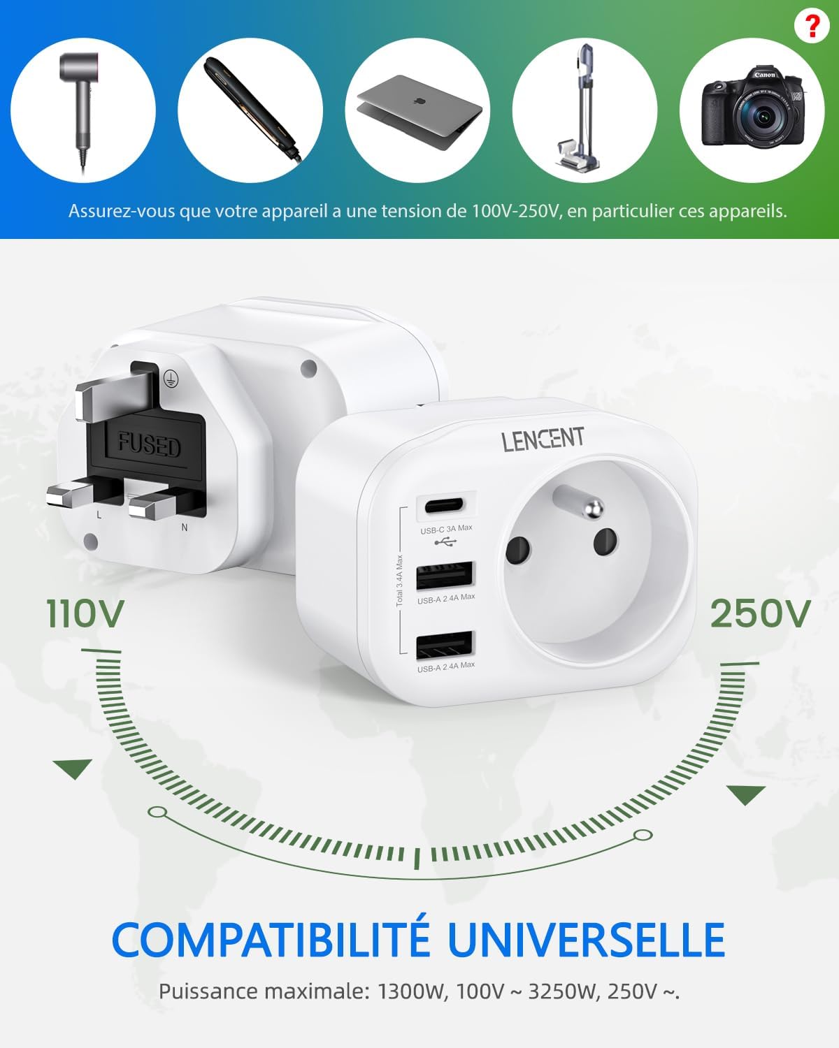 Thumbnail 4 de LENCENT Type G Adaptateur de Voyage 4 en 1 – Prise Française vers UK (Angleterre, Irlande, Écosse) avec 1 AC, 1 USB-C et 2 USB-A