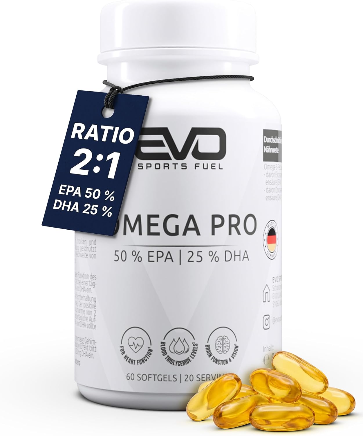 Detalle de Omega 3 Pro – Premium Fischöl 2250 mg pro Tagesdosis (1500 mg EPA / 750 mg DHA) in Triglycerid-Form, 60 Kapseln