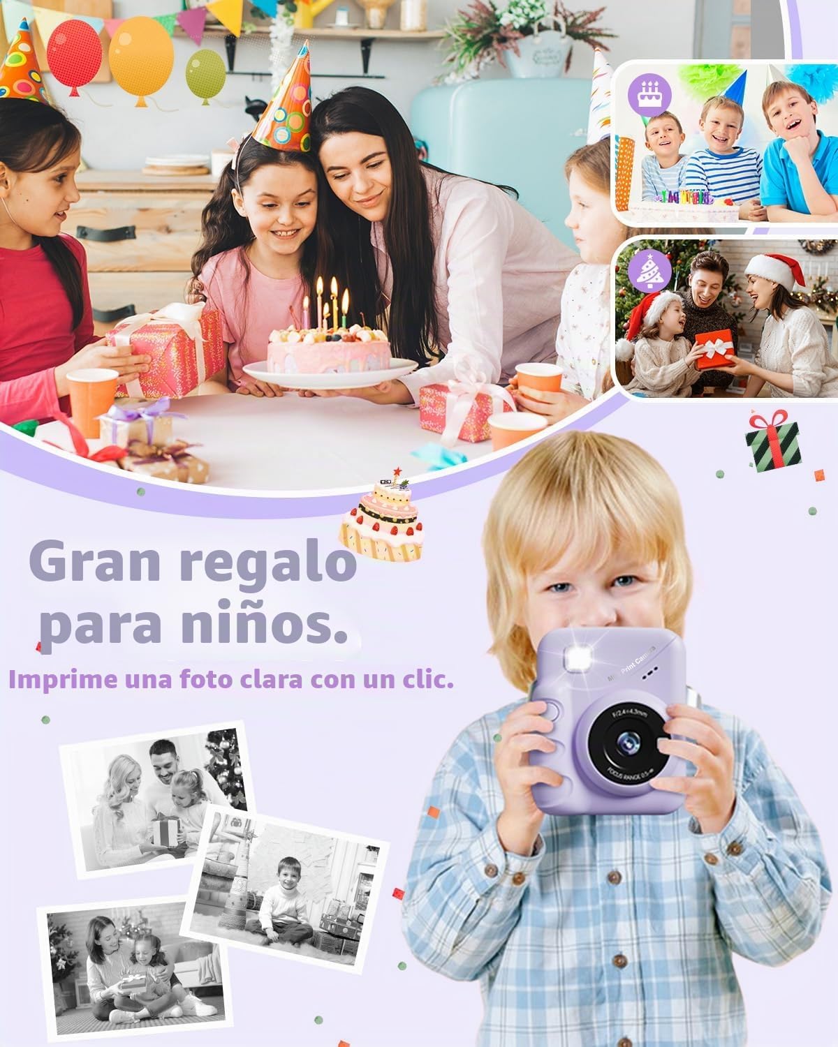 Thumbnail 3 de Cámara instantánea infantil TIATUA (3,0'' HD, 48 MP) con impresión sin tinta y tarjeta de 32 GB, morado