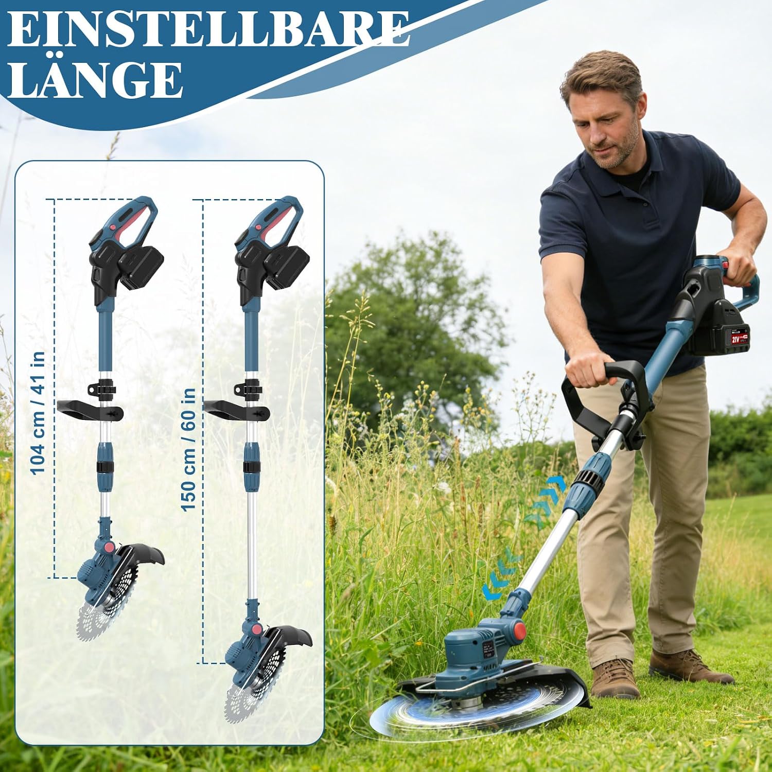 Detalle de YEXLXLN Akku-Rasentrimmer mit 5 austauschbaren Klingentypen (21V), 22 cm Schnittbreite, inkl. 2× 4.0Ah-Akkus