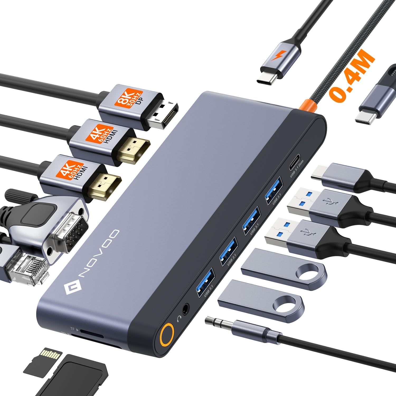 Detalle de USB C Docking Station Quad Display: 14-in-1 Laptop Docking Station for Multi‑Monitor Setups