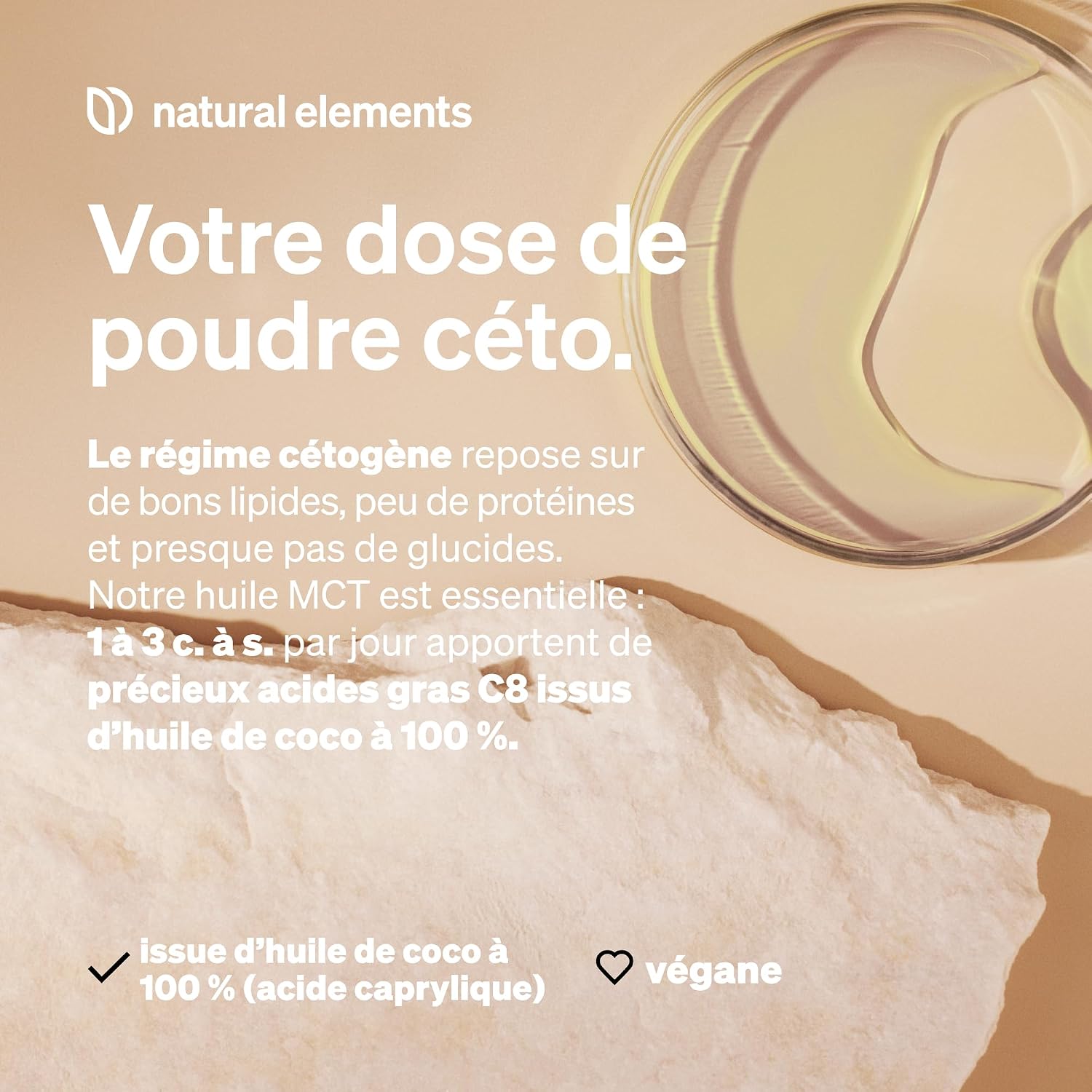 Detalle de Natural Elements Huile MCT (acide caprylique C8) 500 ml – goût et odeur neutres, végane