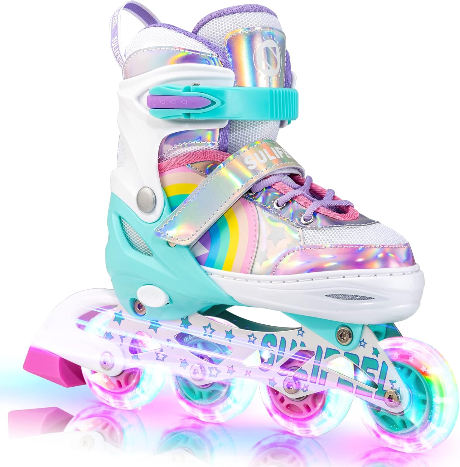 Detalle de SULIFEEL Rainbow Unicorn Adjustable Inline Skates for Kids (4 Sizes) with Light-Up Wheels