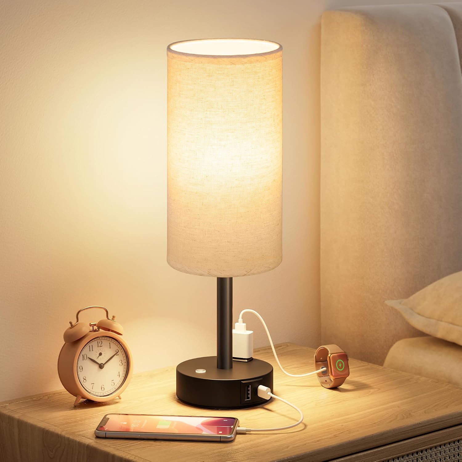 Detalle de aooshine R2TE1 Touch Bedside Lamp, Stepless Dimming, USB-A/C and AC Outlet