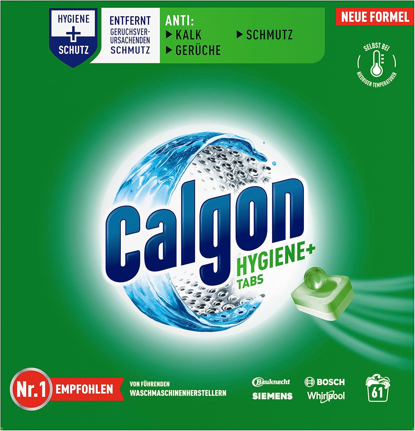 Detalle 2 de Calgon Hygiene+ Tabs – Schutz vor Kalkablagerungen und Schmutz, 61 Tabs, unparfümiert