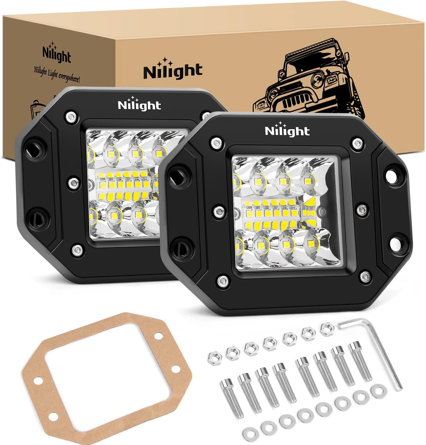 Detalle de Nilight 42W Flush-Mount LED Backup Lights, 2-Pack, Combo Beam, 4.8 x 3.6-Inch