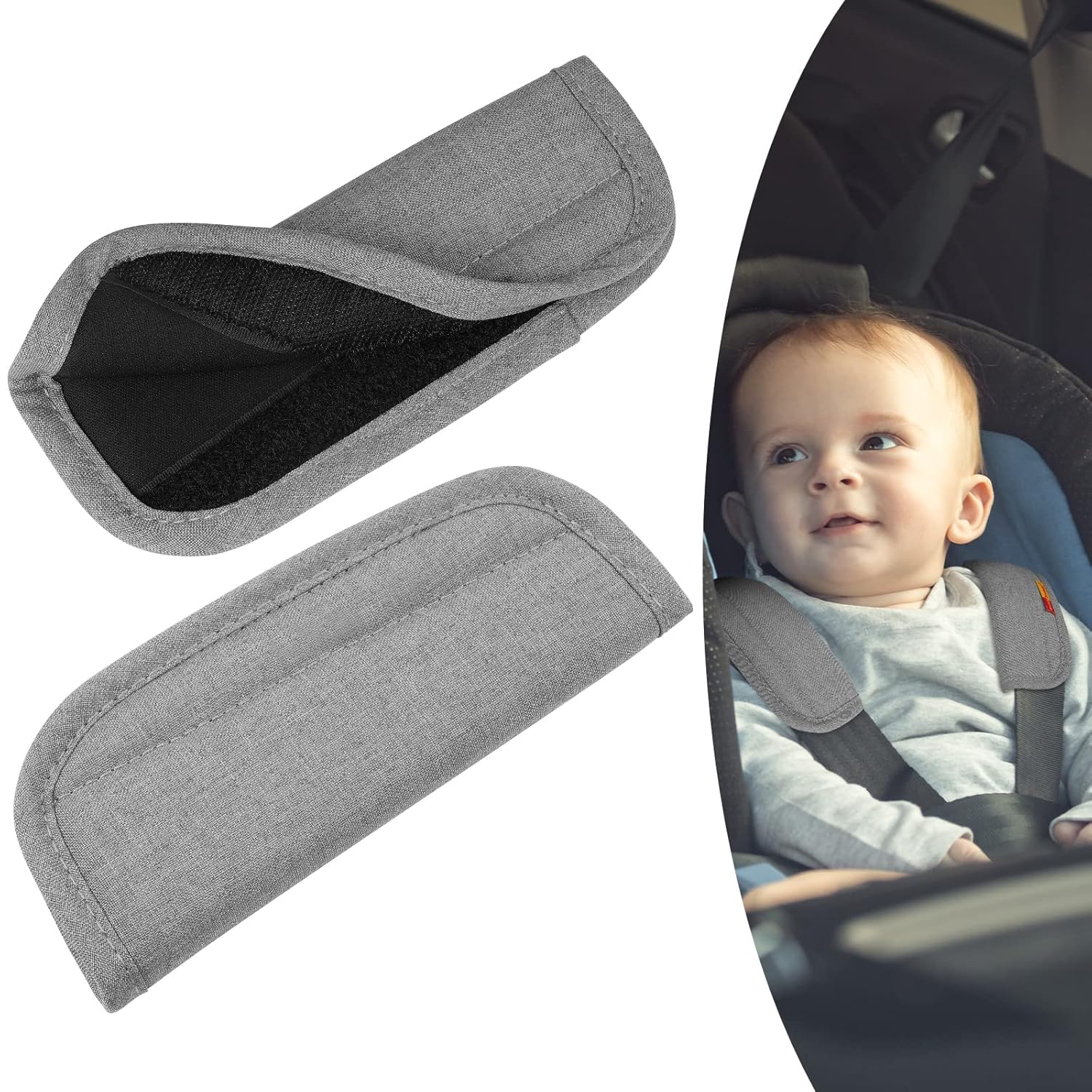 URAQT Baby Sicherheitsgurt Schulterpolster (2 Stück) – atmungsaktive Gurtpolster für Auto und Kinderwagen, Grau
