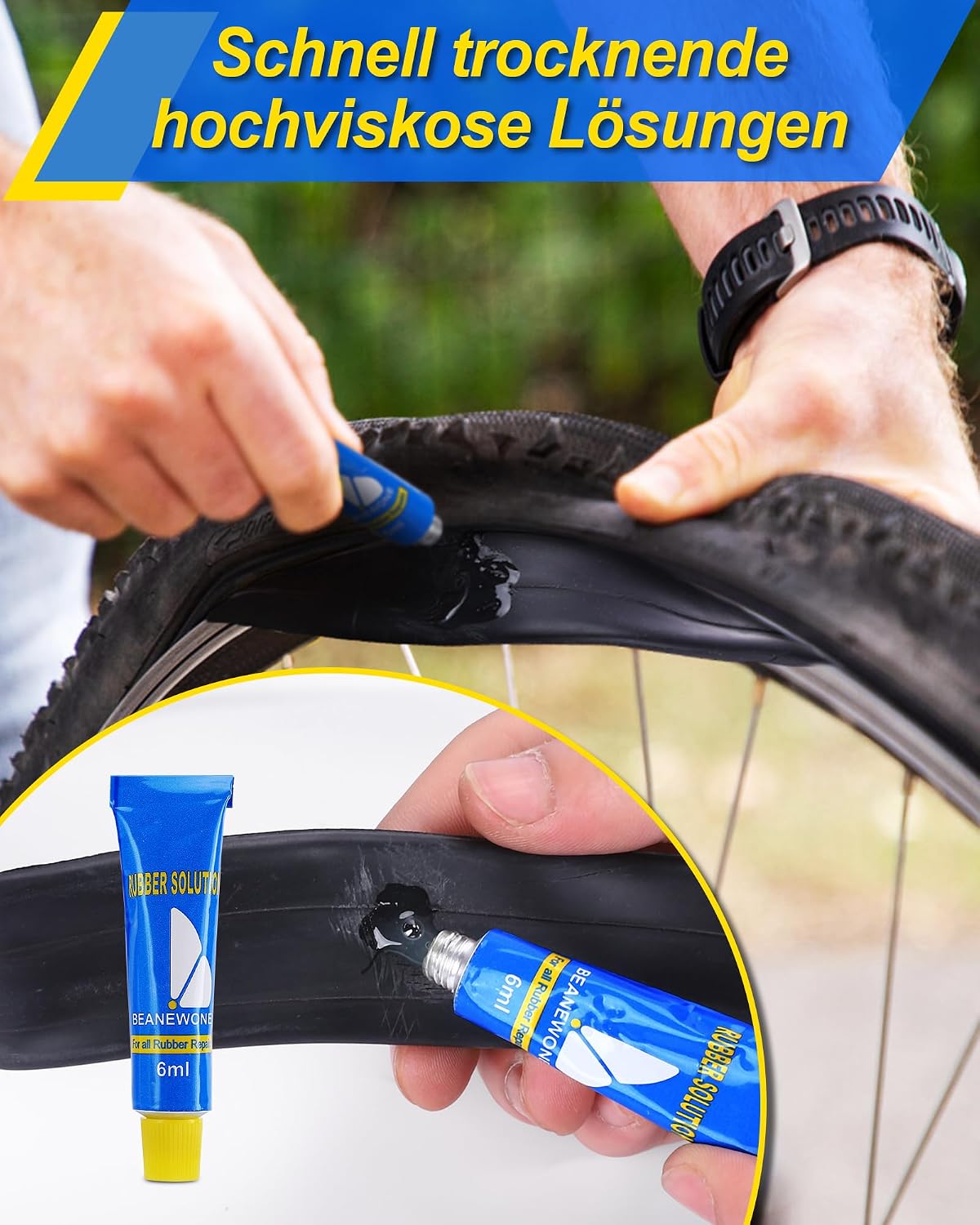 Detalle de Beanewone Flickzeug Fahrrad – Fahrrad-Reparaturset mit 18 Flicken, Gummilösungen, Reifenhebern und Metallfeile