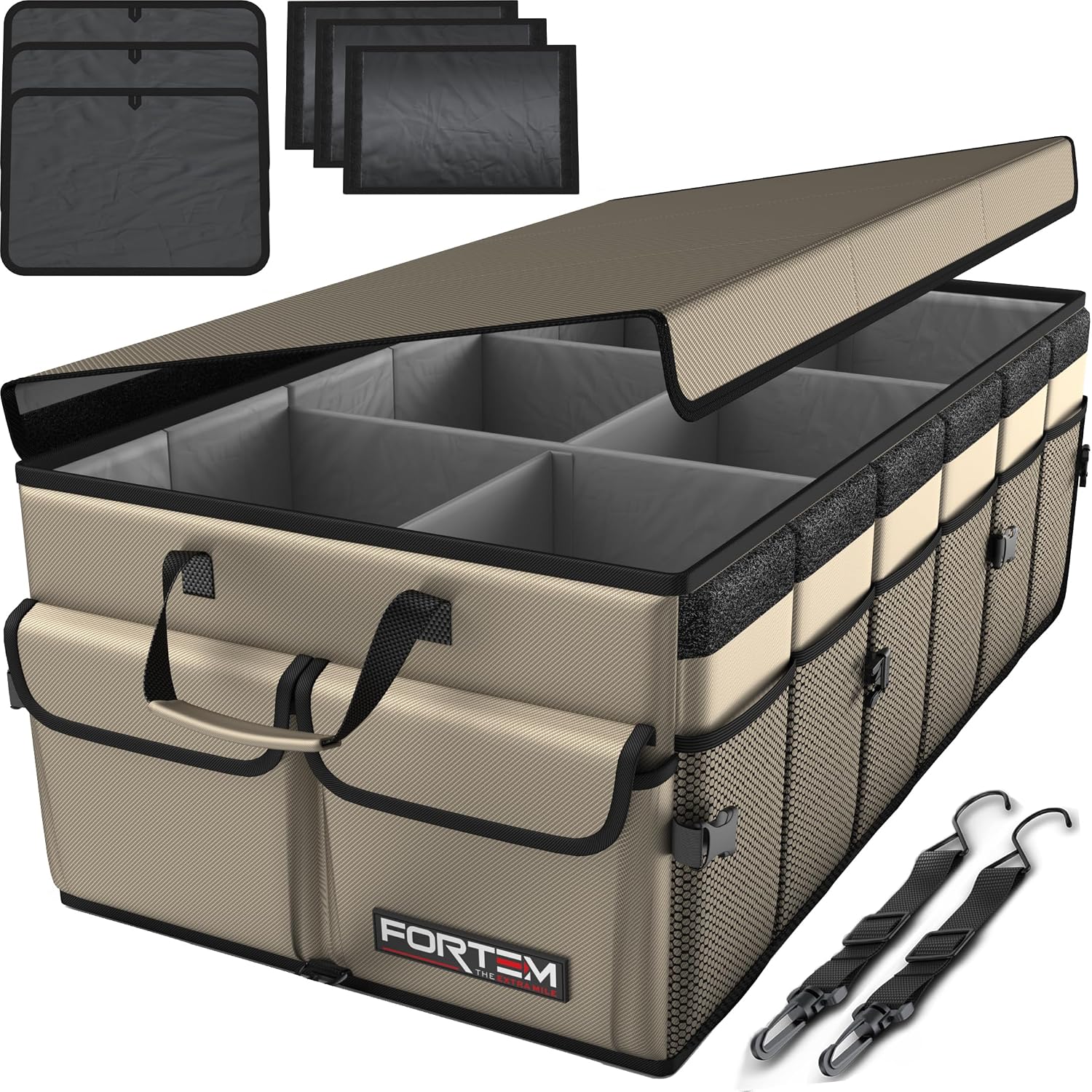 Detalle de FORTEM Kofferraum Organizer (Kofferraumtasche) mit klappbarem Deckel – beige