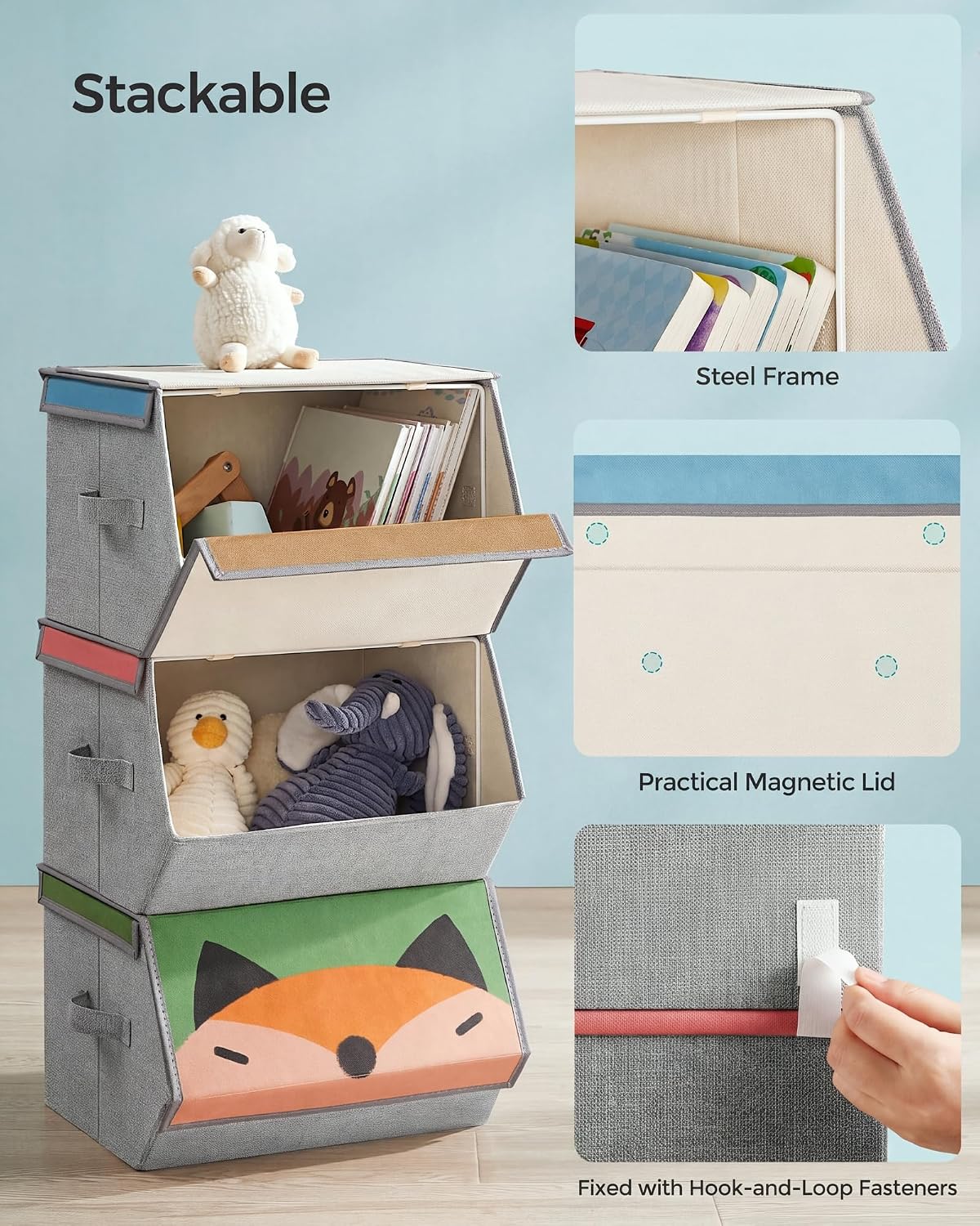 Detalle 2 de SONGMICS TEZA RFB760P03 Kids’ Storage Boxes, 3 Stackable Foldable Boxes
