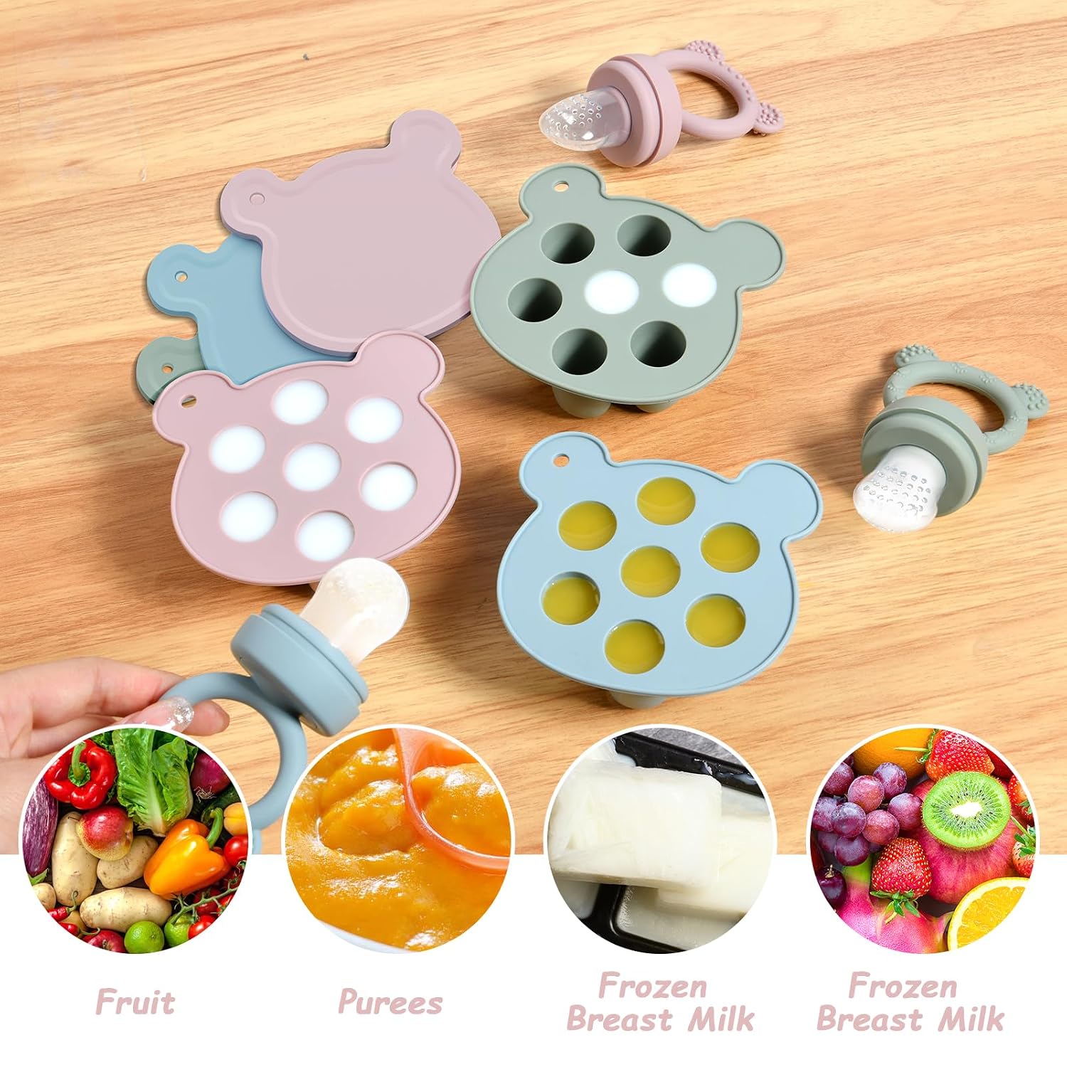 Detalle de Aolso Silikon Fruchtsauger Baby – Set aus Fruchtsauger, Aufbewahrungsbehälter und Eis-am-Stiel-Formen, Rosa