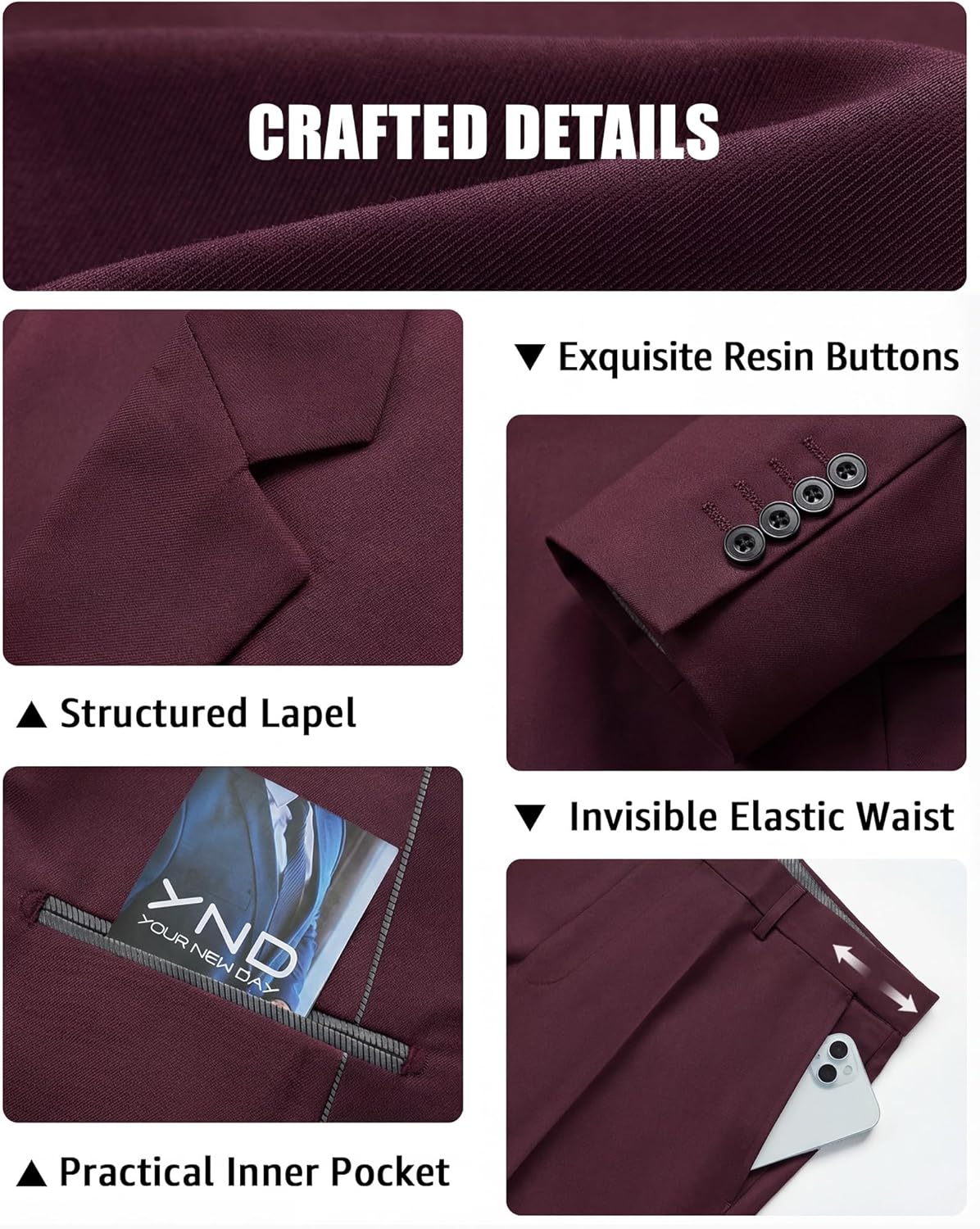 Thumbnail 3 de YND Men's 3 Piece Suit Set with Tie — Slim Fit, 2-Button Blazer, Vest & Pants
