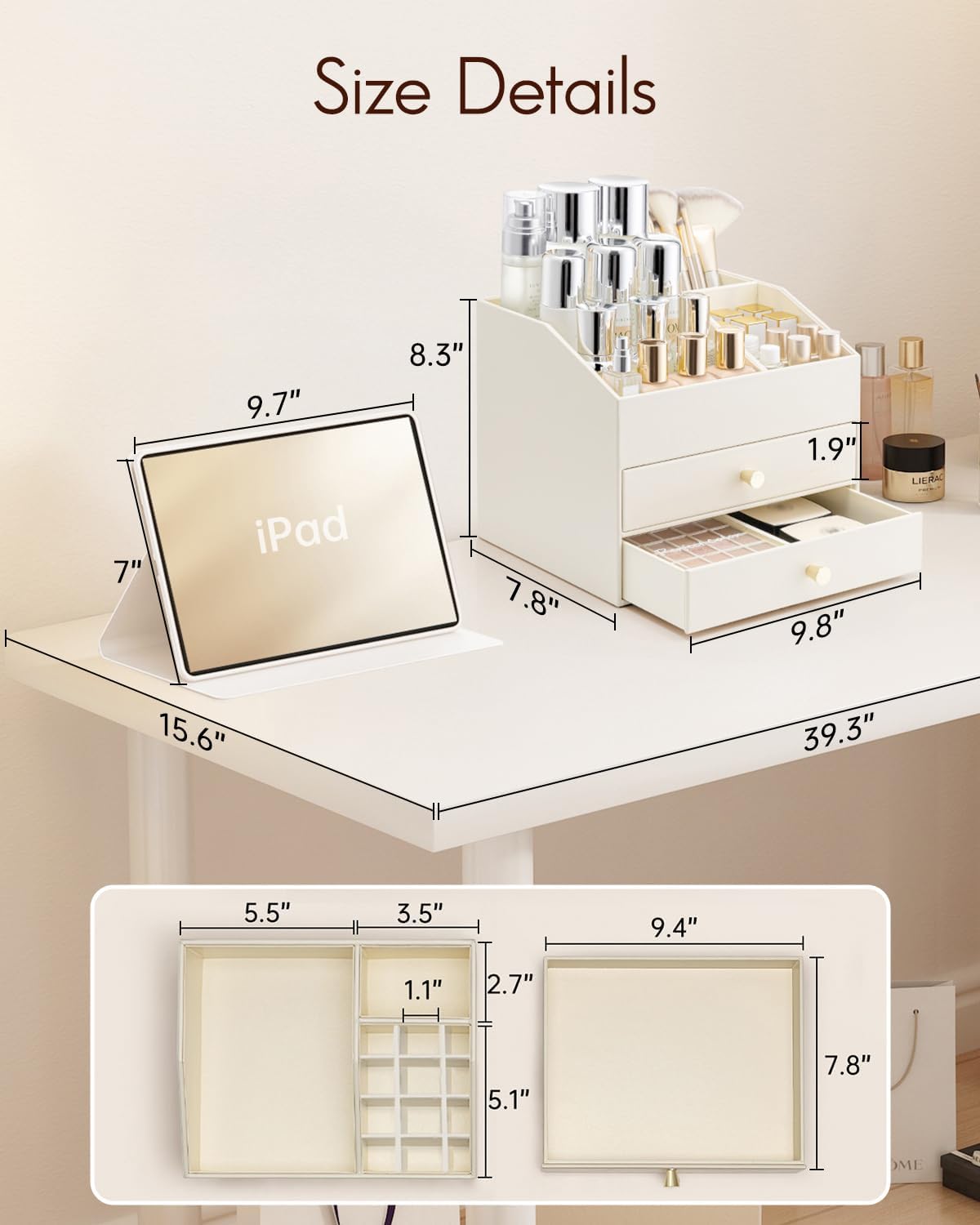 Thumbnail 6 de VLANDO Make up Organizer mit 3 Schubladen – Kosmetik- und Schmink Organizer, Beige
