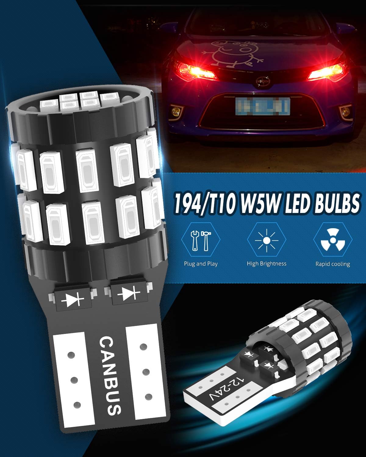 Detalle 2 de KATUR T10 W5W LED 194/168 2825 CANBUS rosso brillante (pack da 2) per luci interne e targa