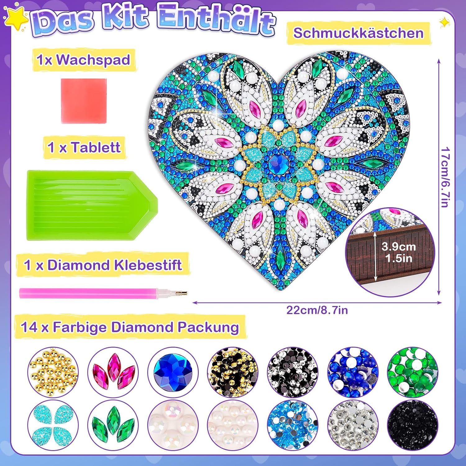 Detalle de Flnlano „Geschenke für Mädchen 6–10 Jahre“: Diamond-Painting Bastelset für Schmuckkästchen mit Spiegel