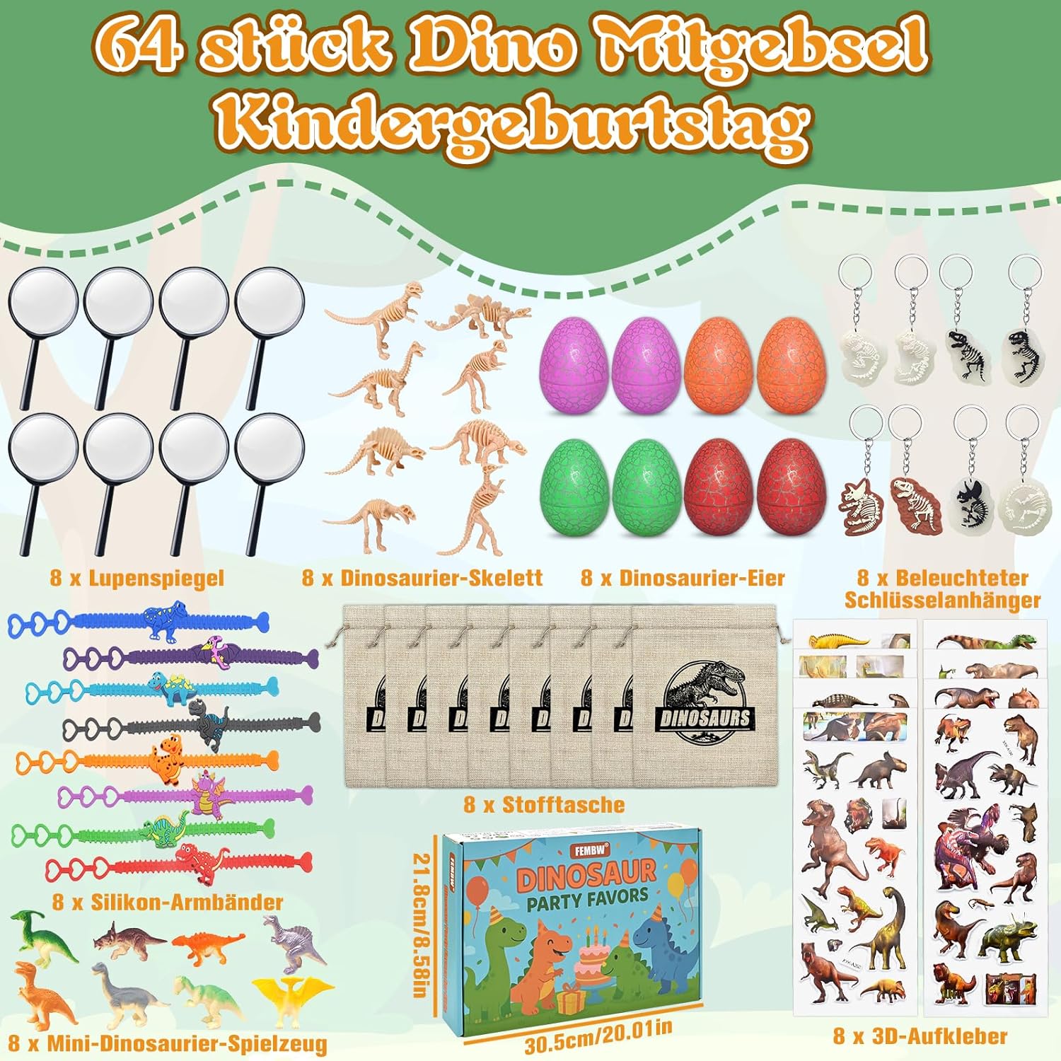 Thumbnail 1 de FEMBW Dino Party Mitgebsel-Set für Kindergeburtstag – Dino-Eier, 3D-Sticker, Leuchtende Schlüsselanhänger und mehr