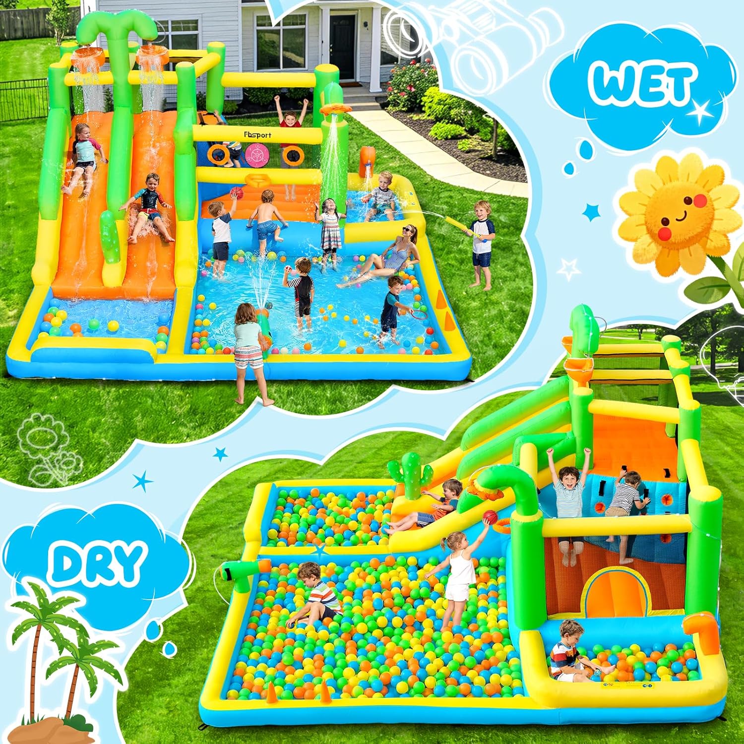 Detalle de FBSPORT Inflatable Bounce House Double Water Slide with Splash Pool and 750W Blower