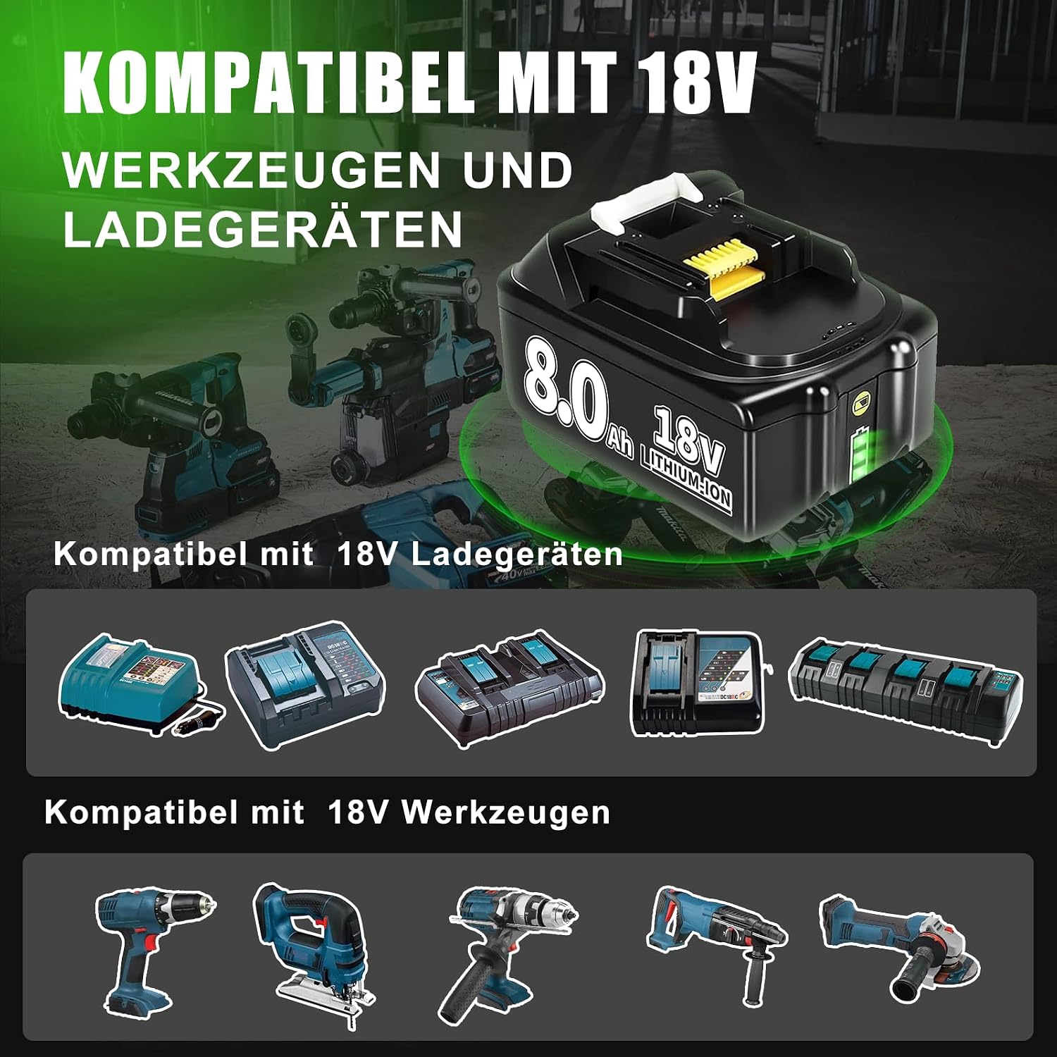 Thumbnail 4 de 8.0Ah Lithium-Ionen Ersatzakku für Makita 2er Set