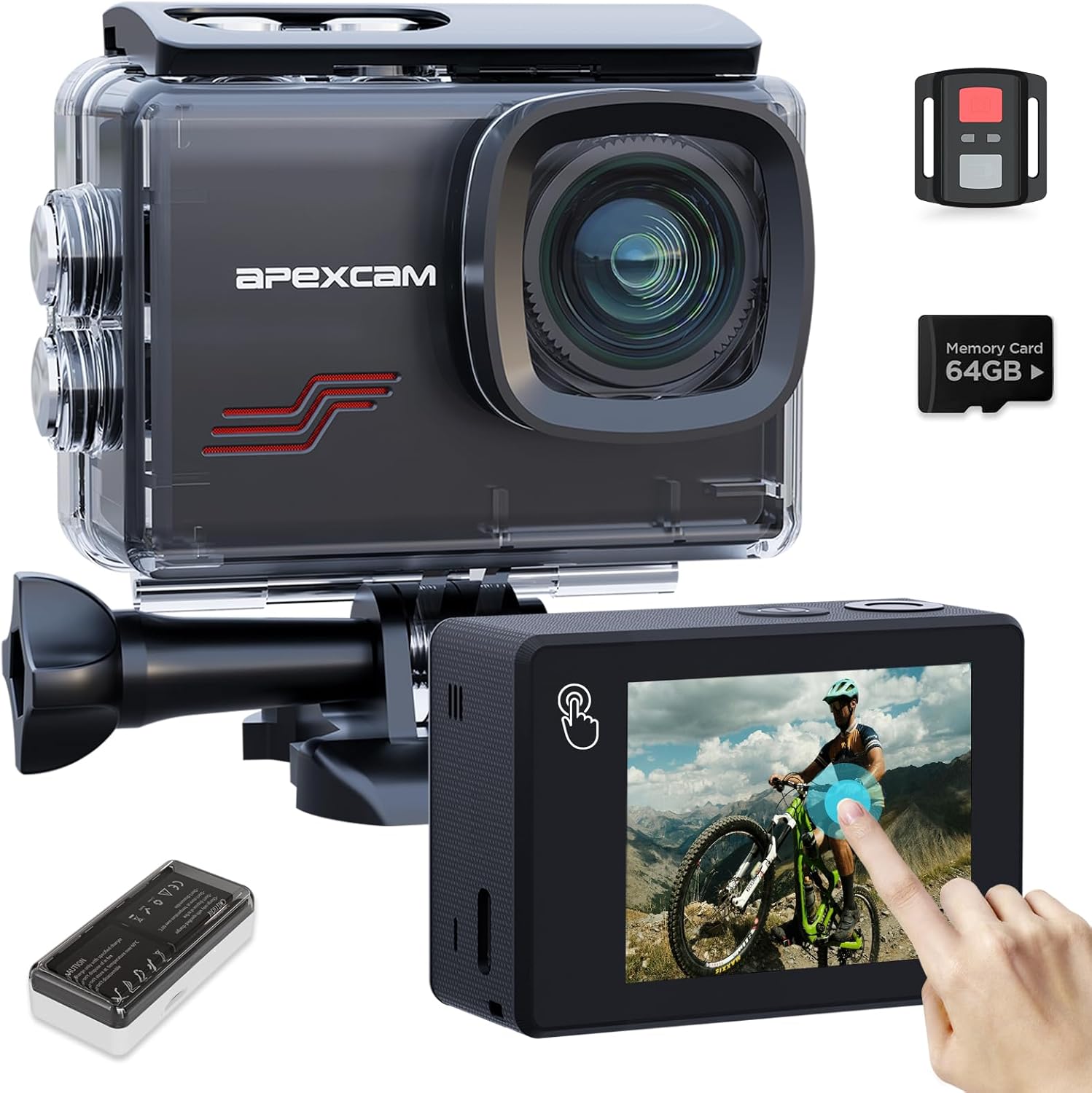 Detalle de Apexcam Nuova M80PRO Action Cam 4K 64MP: stabilizzazione EIS, 40m subacquea e batterie in dotazione